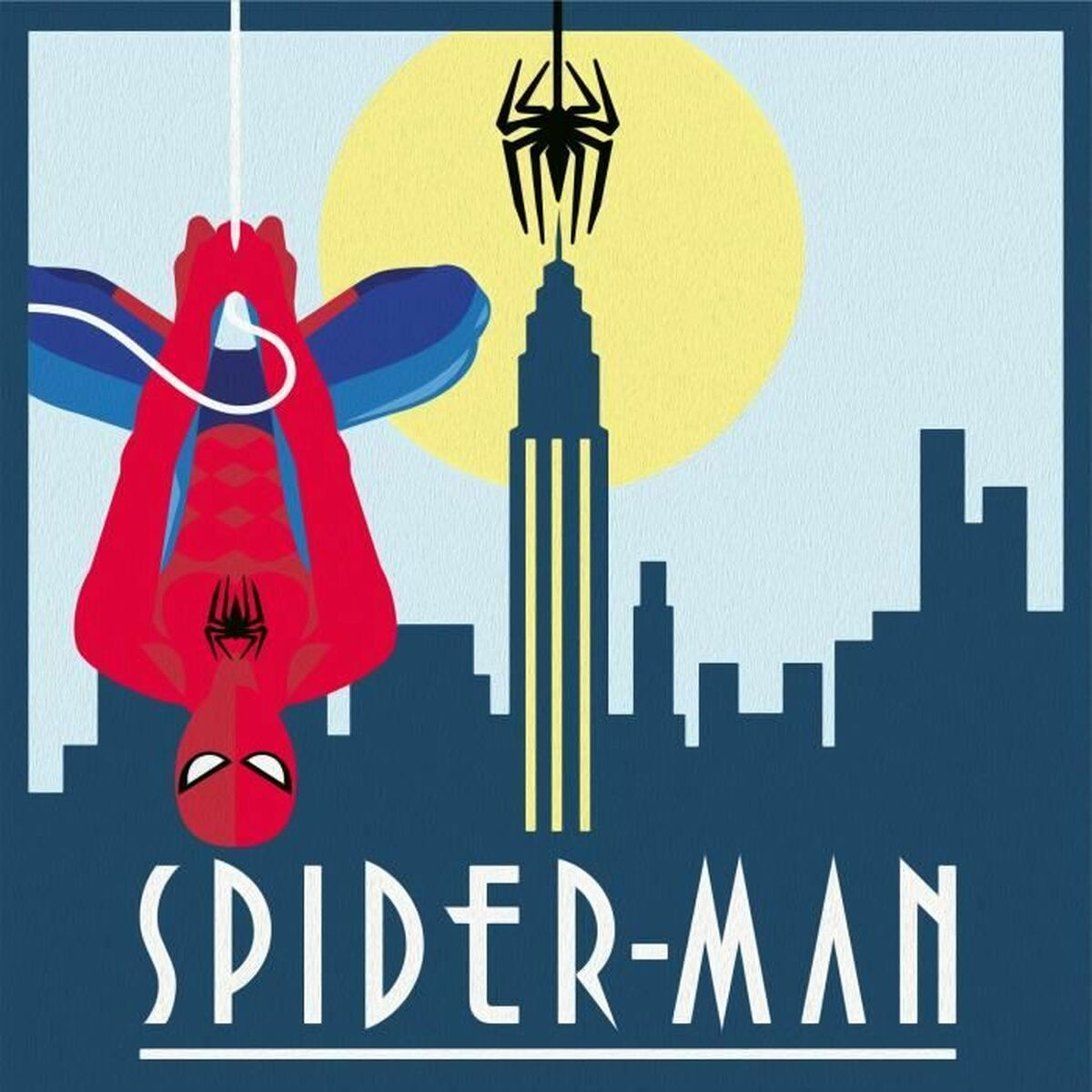 Spider-Man hängt kopfüber vor einer Stadtkulisse mit einem gelben Mond.