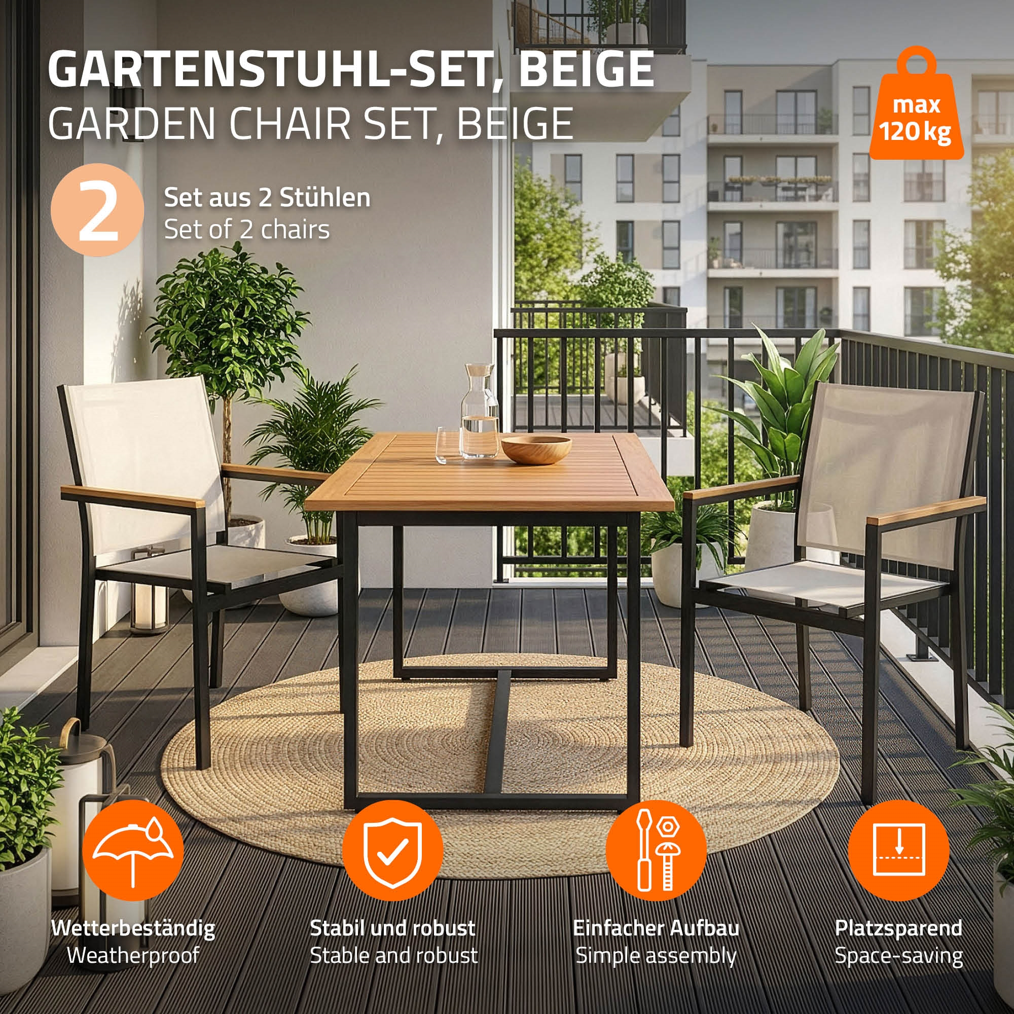 Beiges Gartenstuhl-Set mit Tisch auf einer Terrasse. Max. 120 kg.