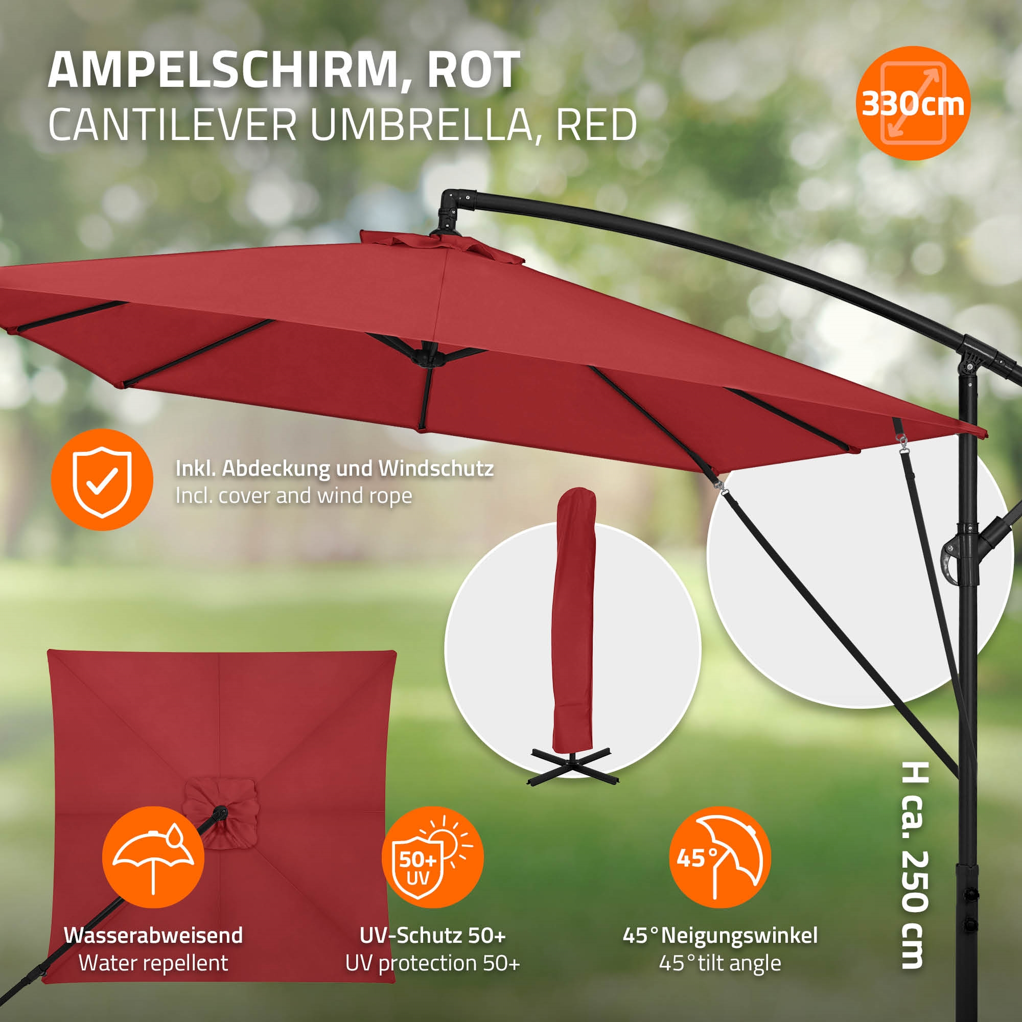 Roter Ampelschirm, 330cm, wasserabweisend, UV-Schutz 50+, Neigungswinkel 45°.
