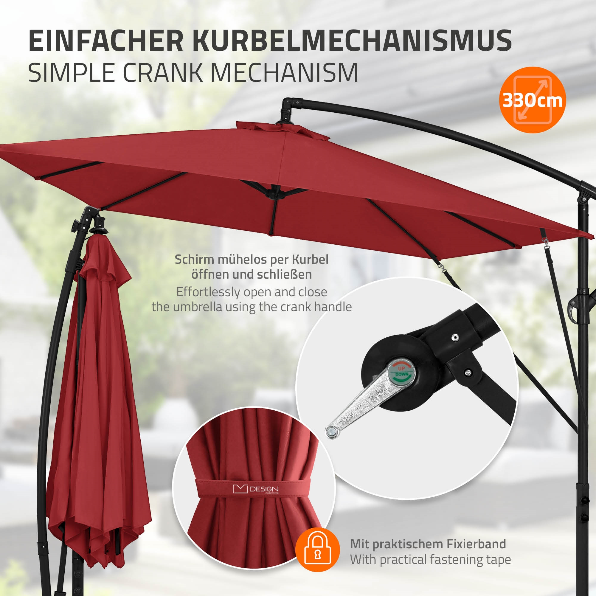 Roter Ampelschirm mit Kurbelmechanismus und 330cm Durchmesser.