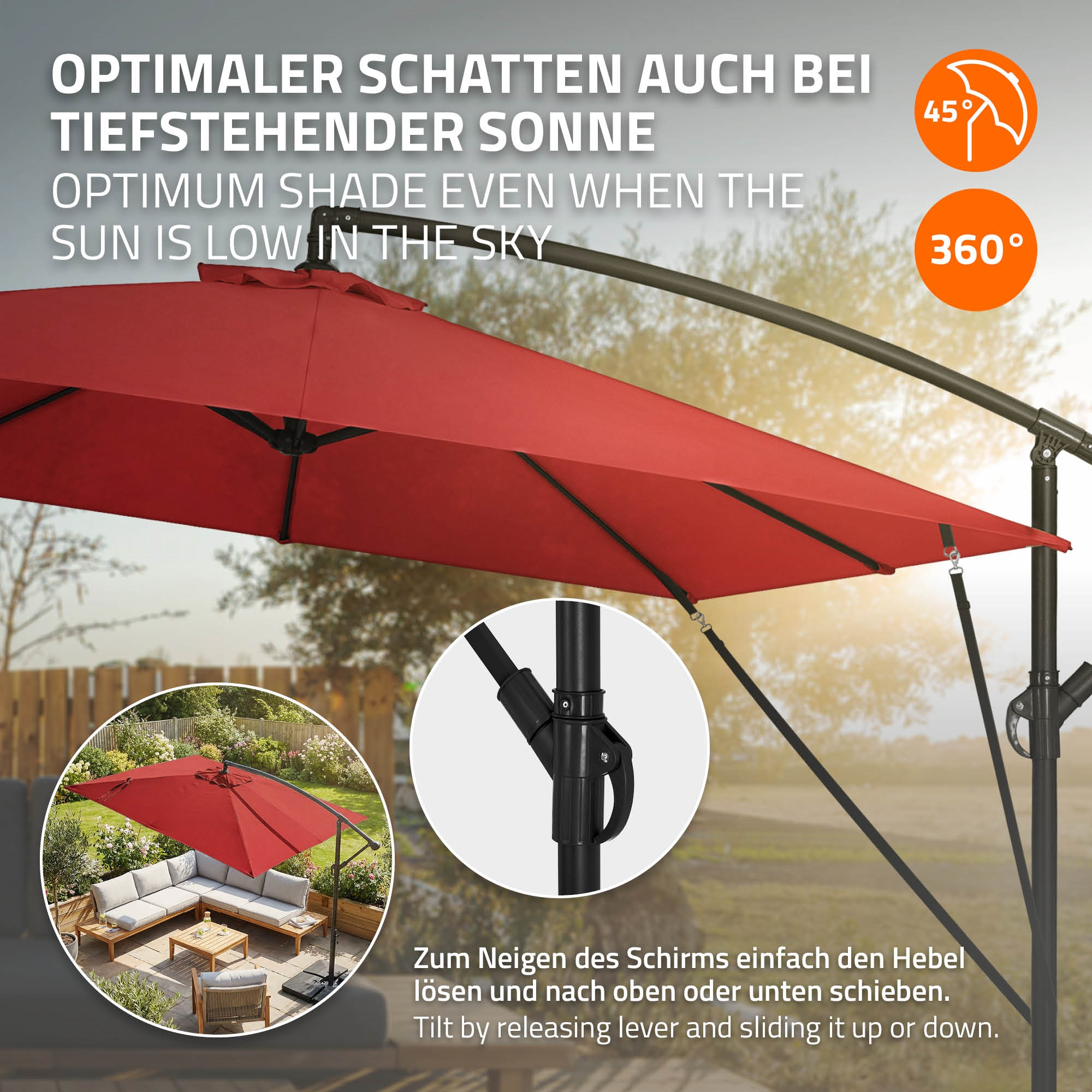 Ein roter Sonnenschirm über einer Lounge-Garnitur im Garten. Verstellmechanismus im Detail.
