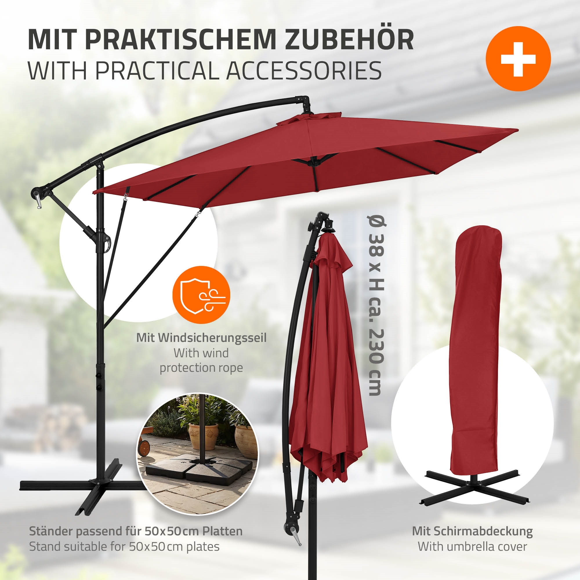 Roter Sonnenschirm mit schwarzem Ständer, Abdeckung und Zubehör.
