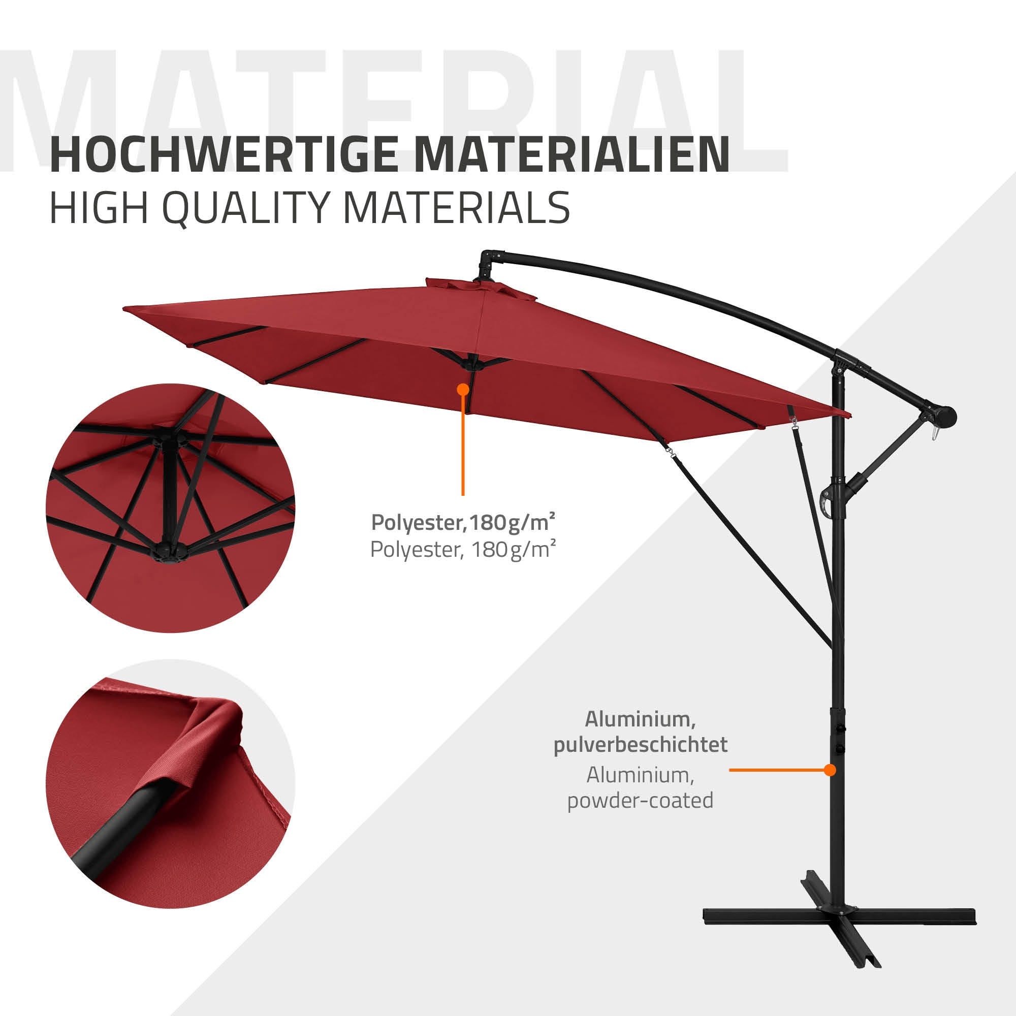 Ein roter Ampelschirm mit schwarzem Gestell und Informationen zu Materialien.
