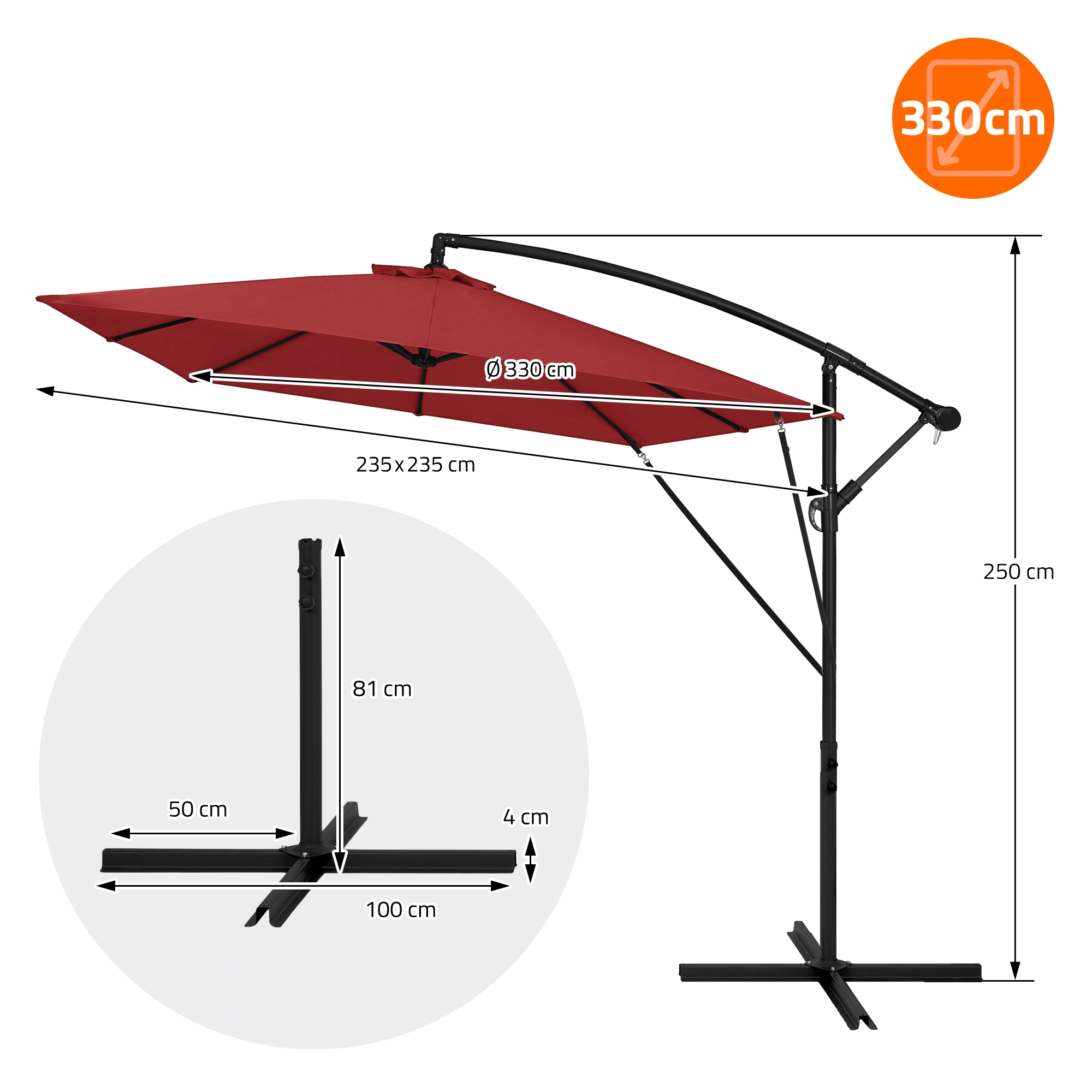 Roter Ampelschirm (330cm Ø, 235x235cm Fläche), Höhe 250cm, mit Maßen.