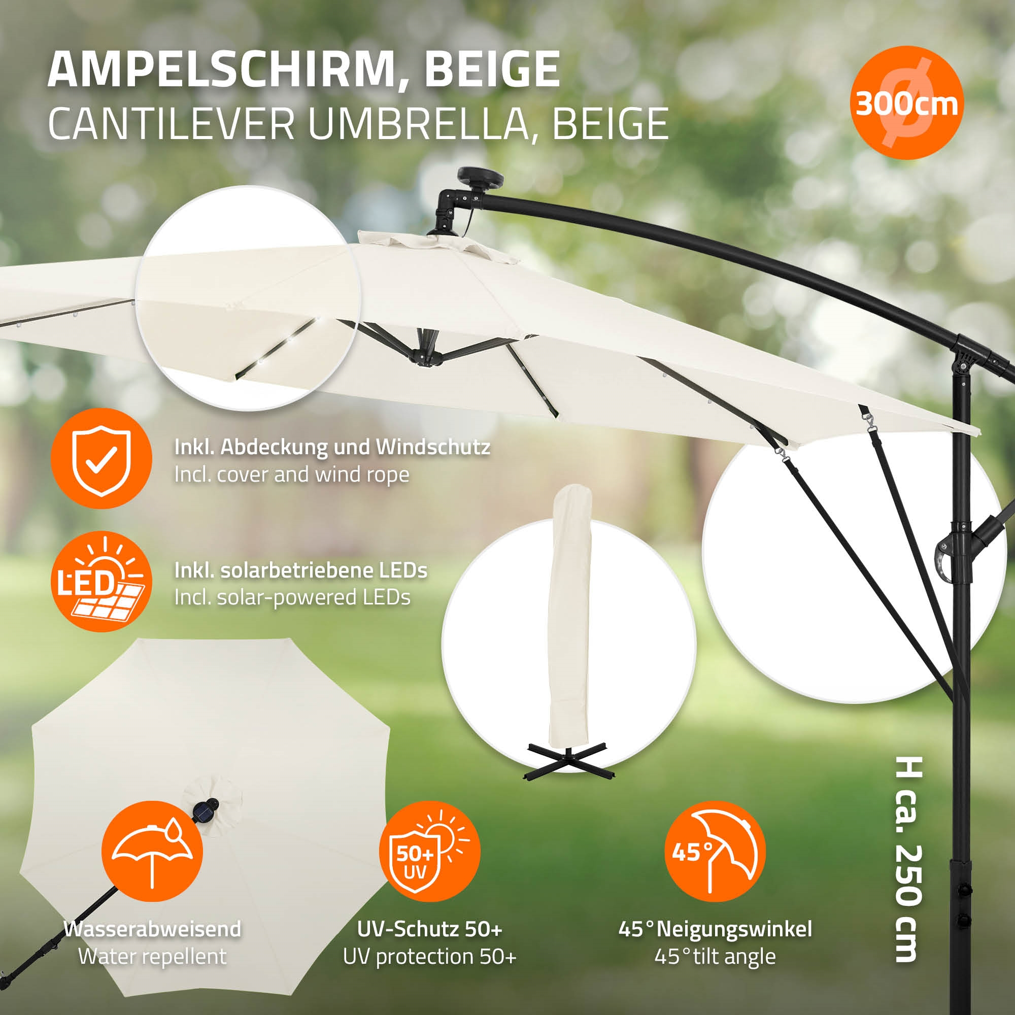 Beiger Ampelschirm mit 300cm Durchmesser, solar-LEDs, wasserabweisend.
