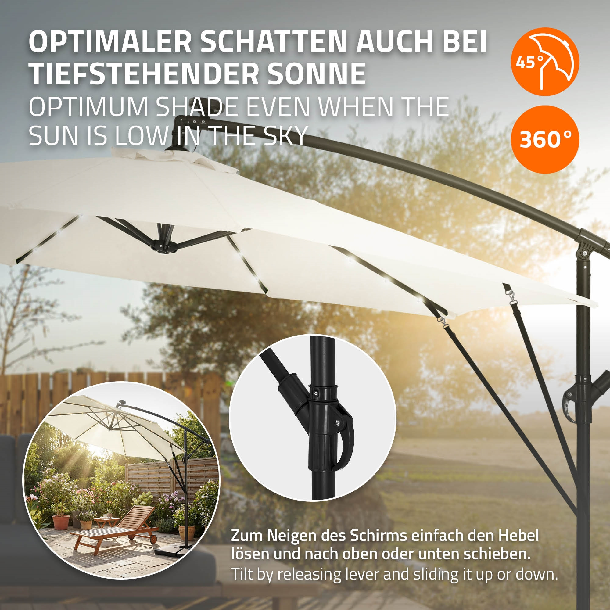 Ein weißer Sonnenschirm mit schwarzem Gestell über einer Holzliege im Garten.