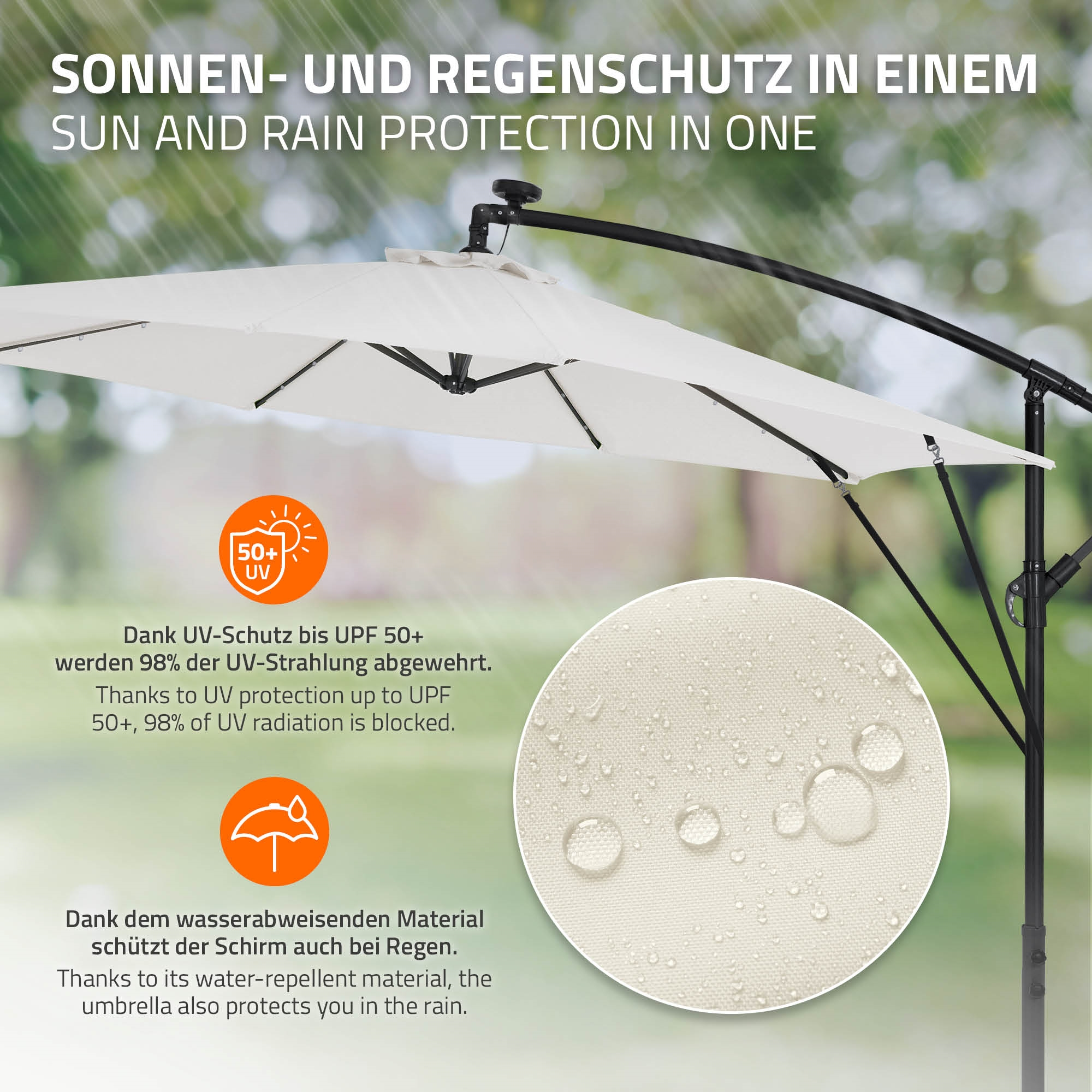 Ein weißer Sonnenschirm mit schwarzem Gestell, der UV- und Regenschutz bietet.