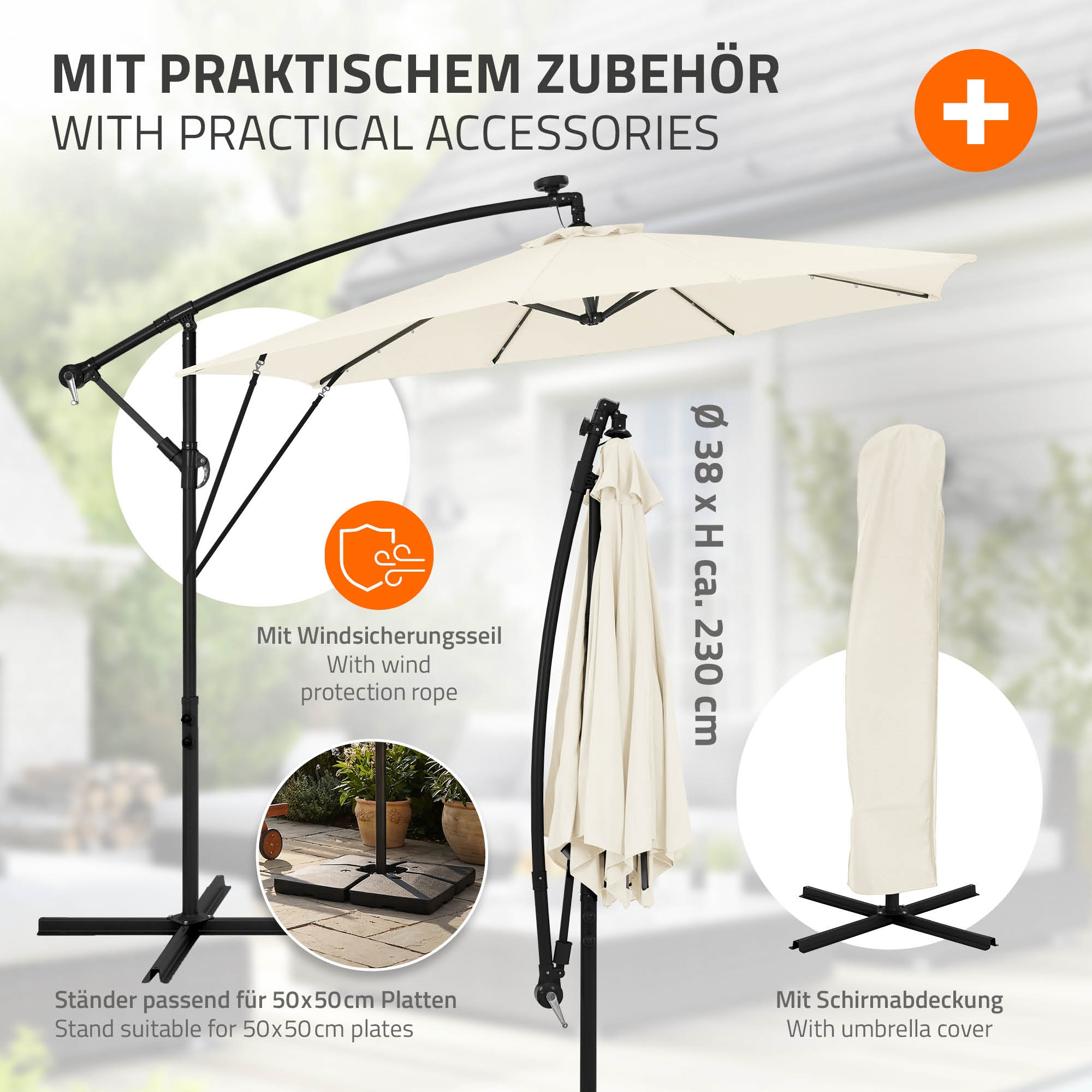 Ein heller Sonnenschirm mit schwarzem Gestell, Zubehör und Abdeckung.