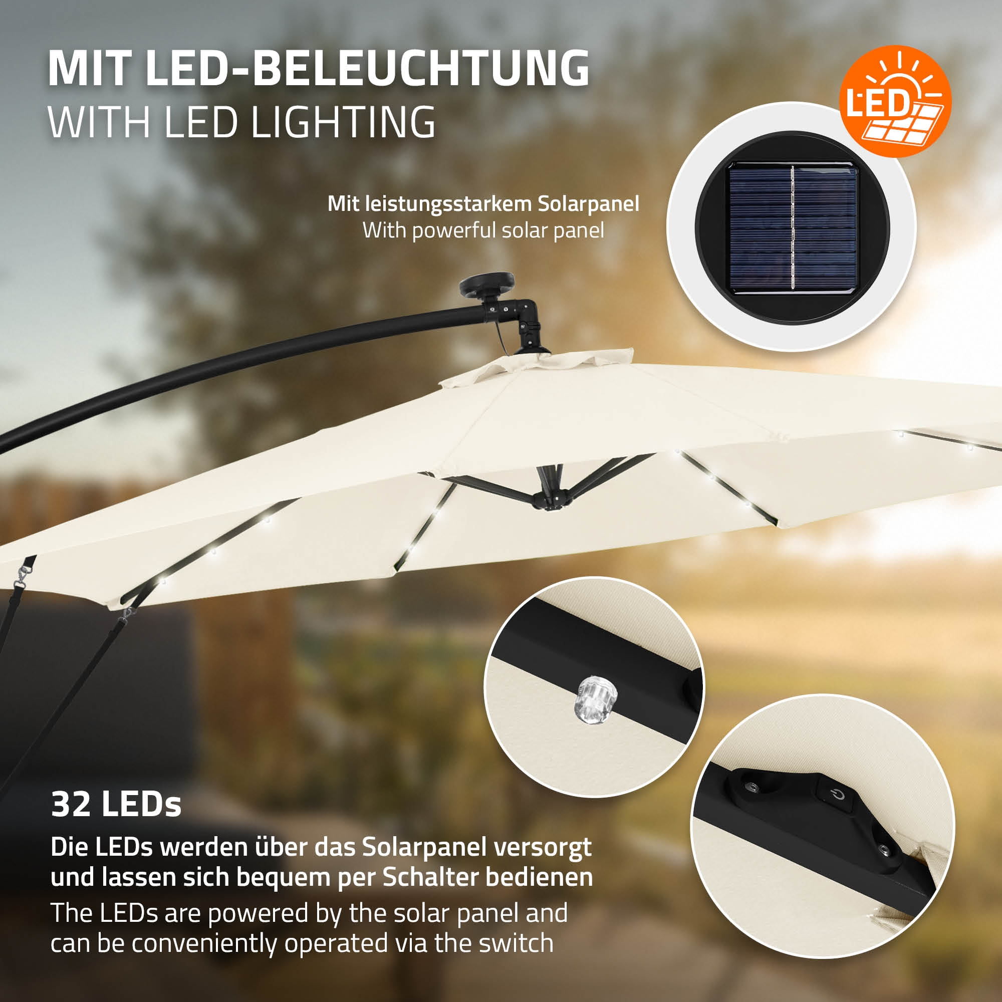 Ein Sonnenschirm mit 32 LEDs, Solarpanel und Schalter, cremefarben.