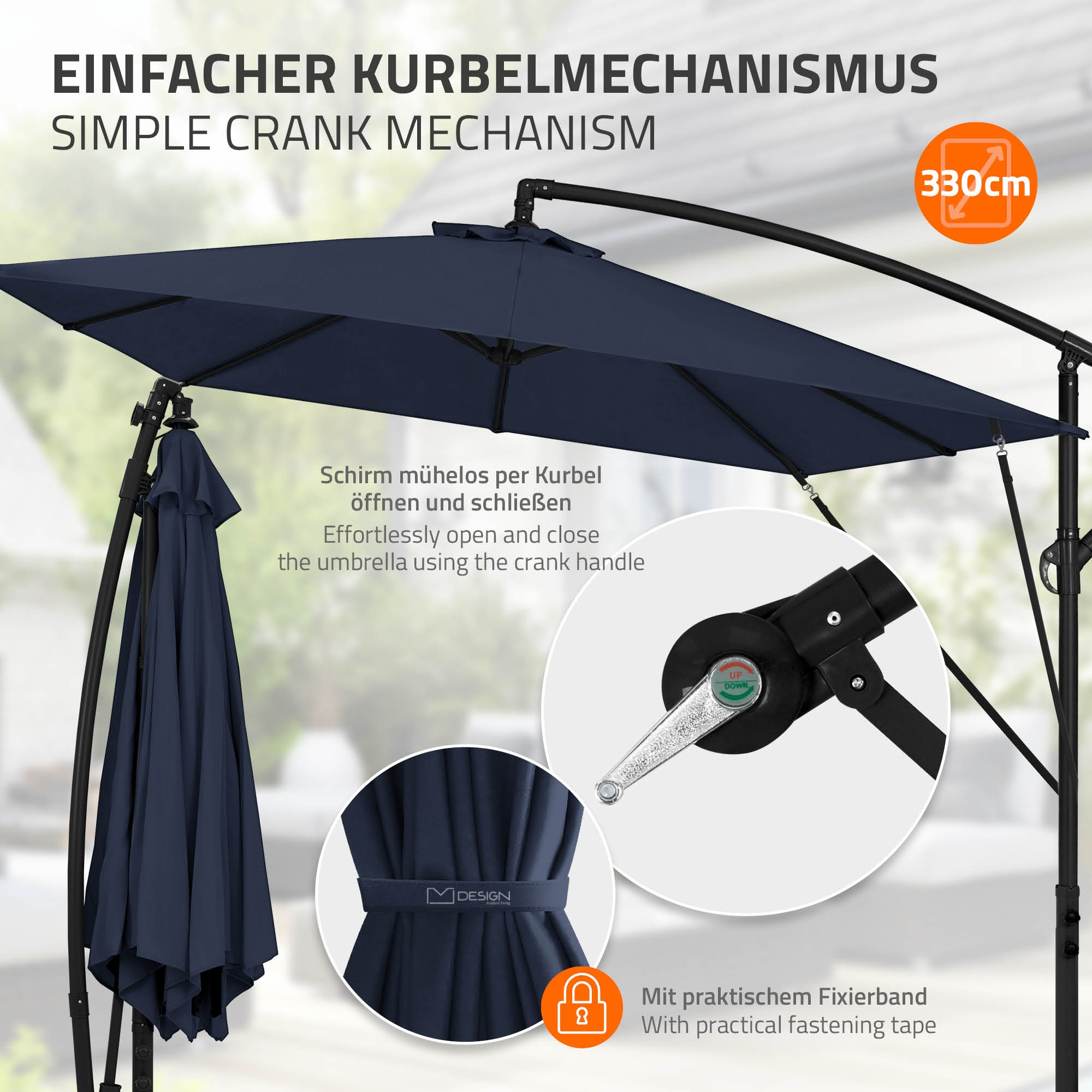 Dunkelblauer Sonnenschirm mit Kurbelmechanismus und 330cm Größe.
