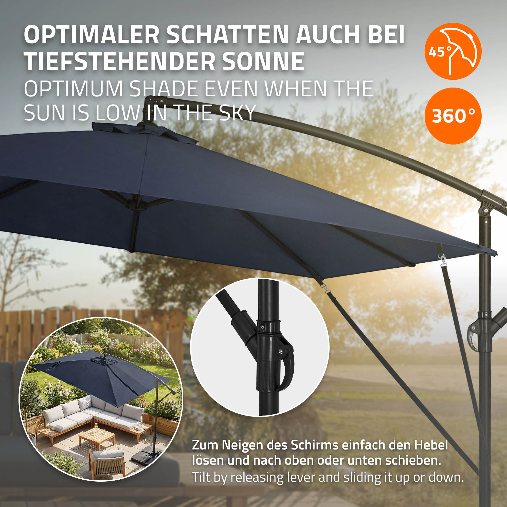 Dunkelblauer Sonnenschirm im Garten mit Lounge-Möbeln. 45° und 360° Symbole.