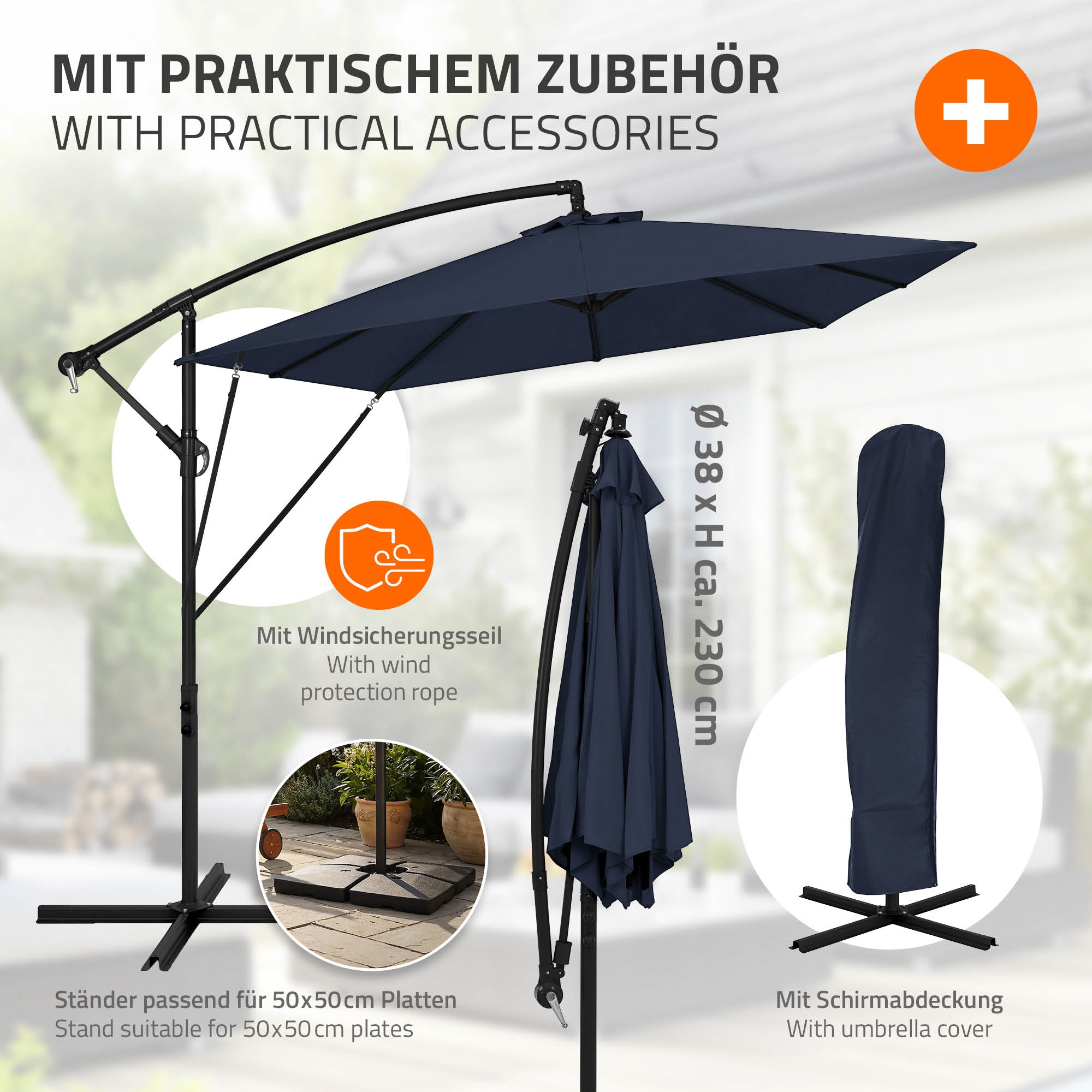 Dunkelblauer Sonnenschirm mit Zubehör: Abdeckung, Windseil und Ständer.