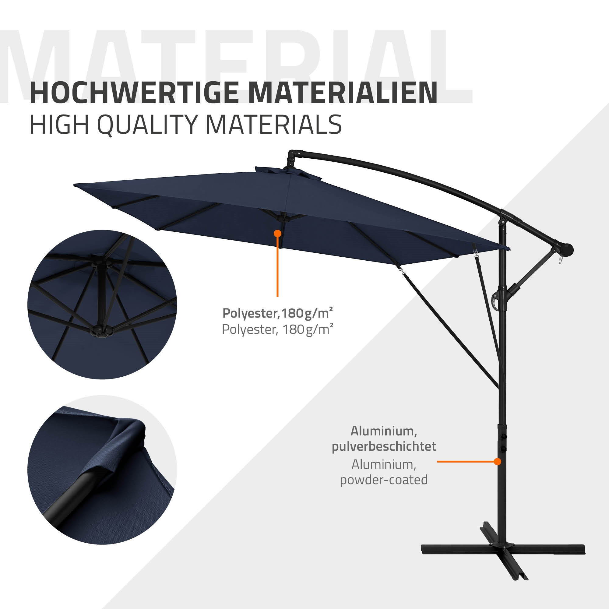 Ein dunkelblauer Sonnenschirm mit schwarzem Gestell und Details aus Aluminium.