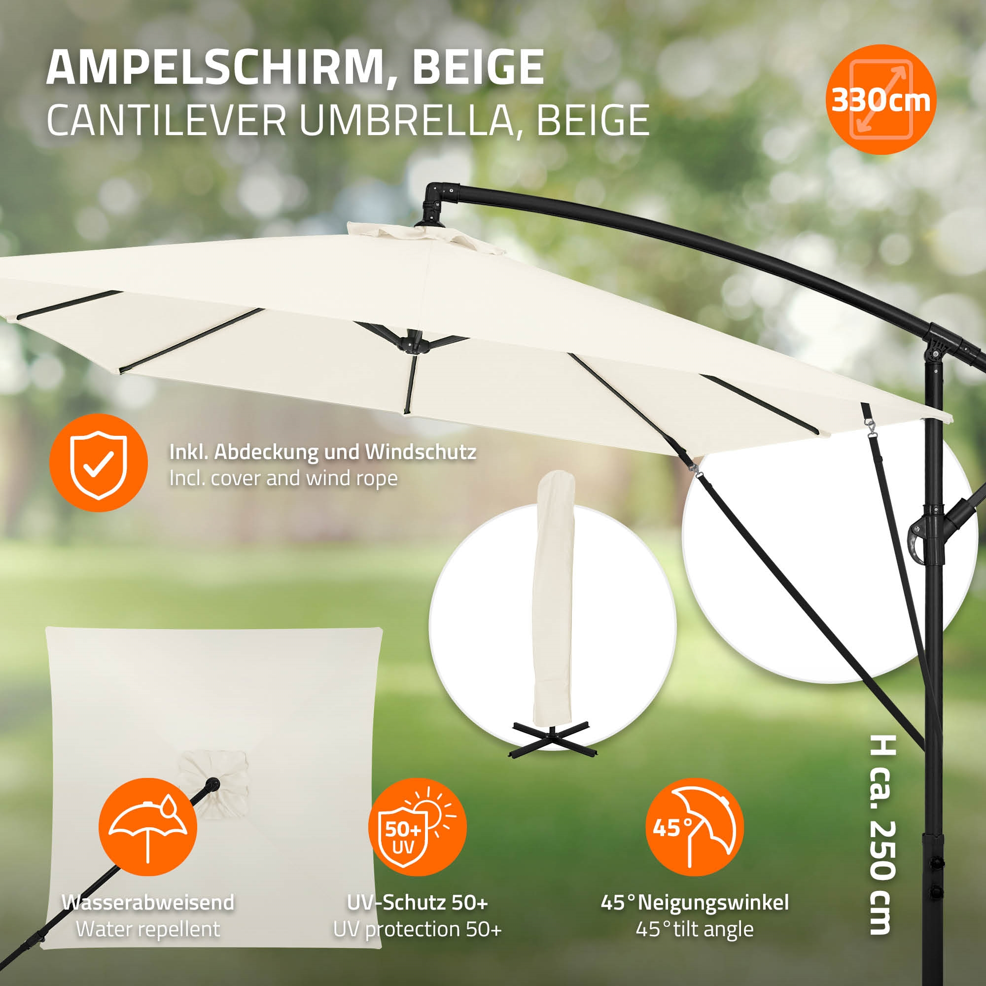 Beiger Ampelschirm mit 330cm Durchmesser, wasserabweisend, UV-Schutz 50+.