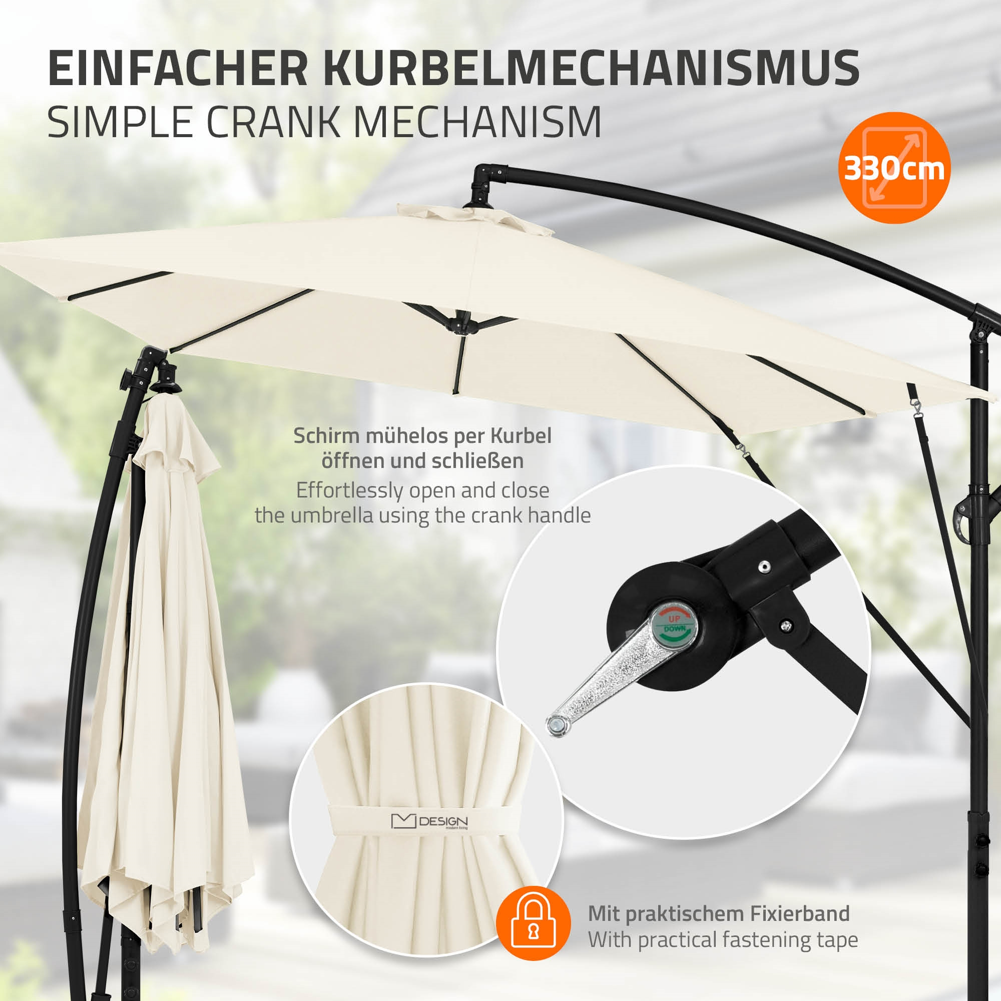 Ein beiger Sonnenschirm mit Kurbelmechanismus und 330cm Durchmesser.