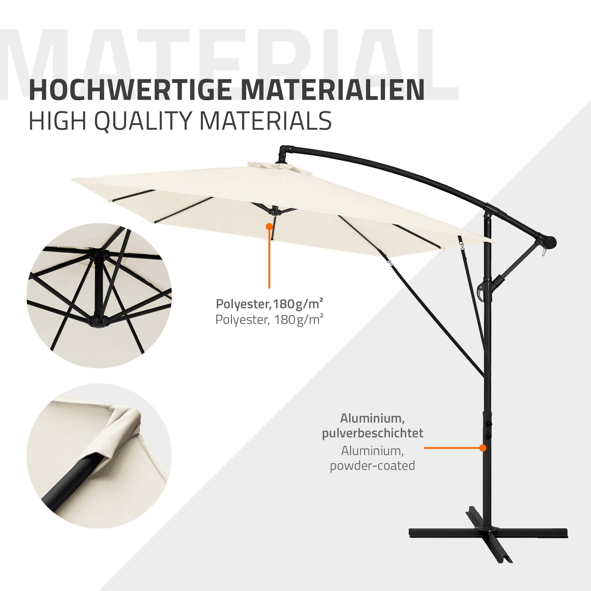 Ein cremefarbener Ampelschirm mit schwarzem Gestell und Hinweisen zu Materialien.