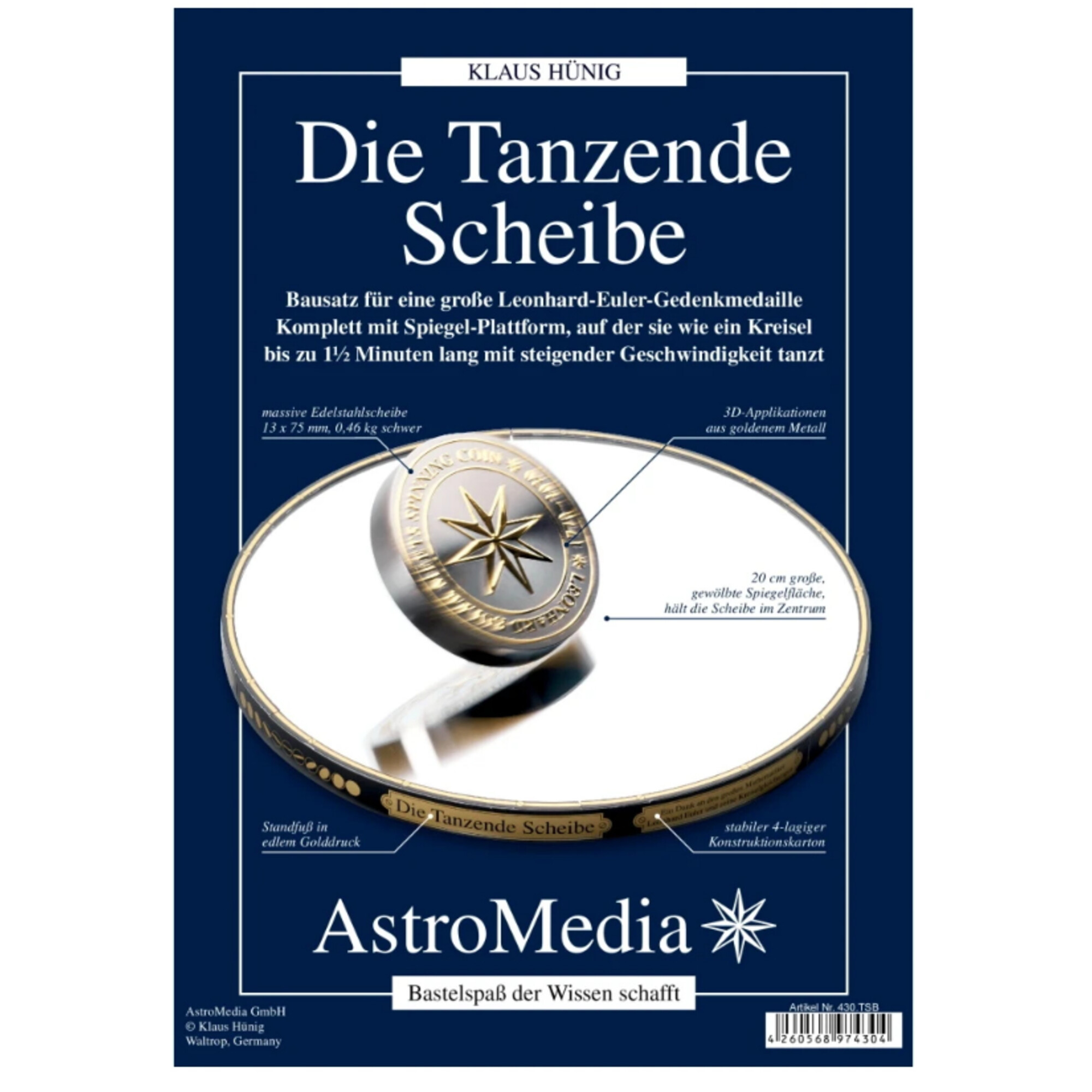 Ein Bausatz mit einer Edelstahlscheibe, Spiegelplattform und 3D-Applikation.