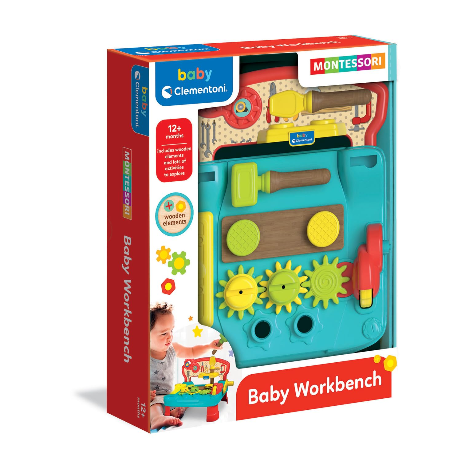 Baby-Werkbank-Spielzeugverpackung mit Werkzeugen, Zahnrädern und einem Babybild.