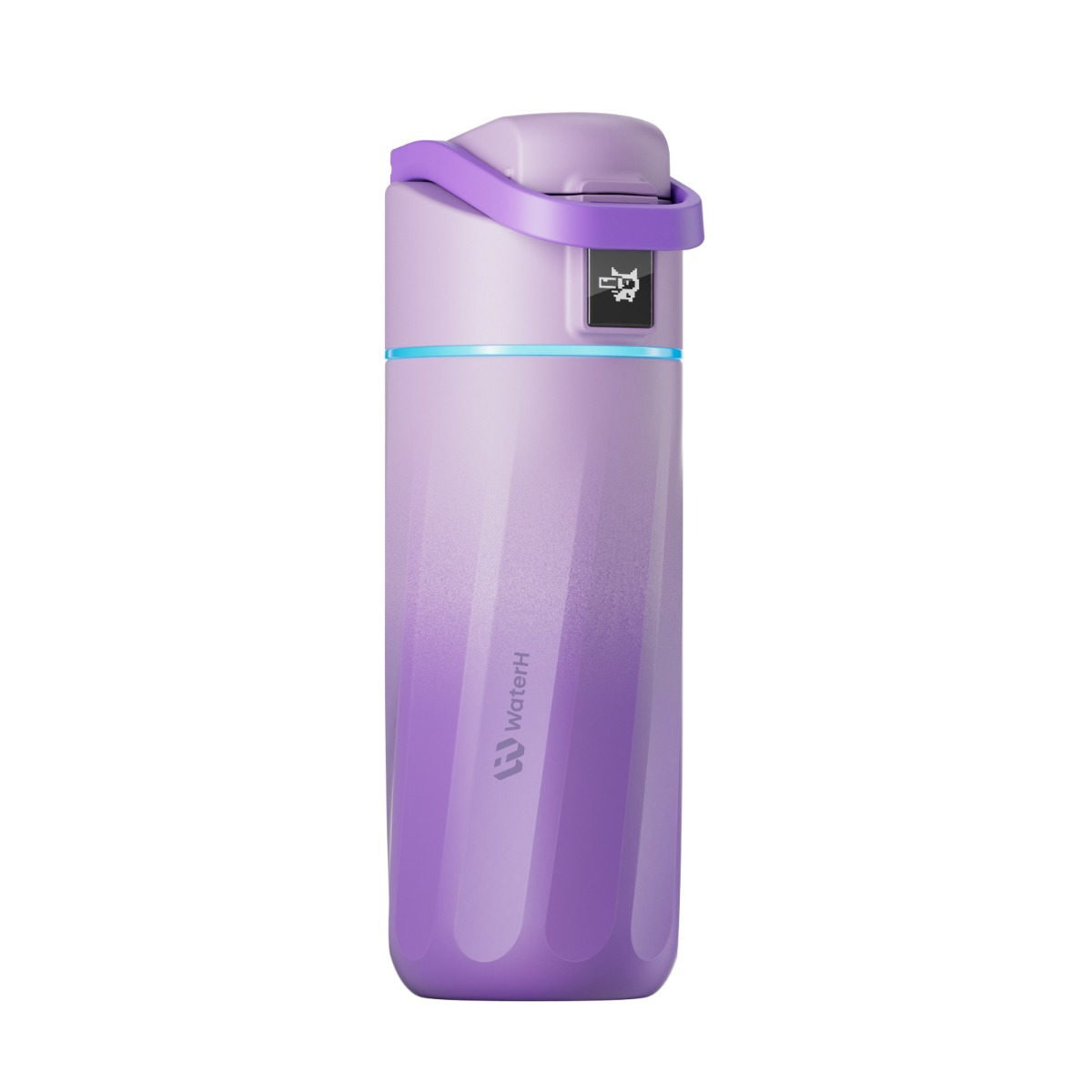 Lila Wasserflasche mit einem digitalen Display, das ein Tier zeigt.