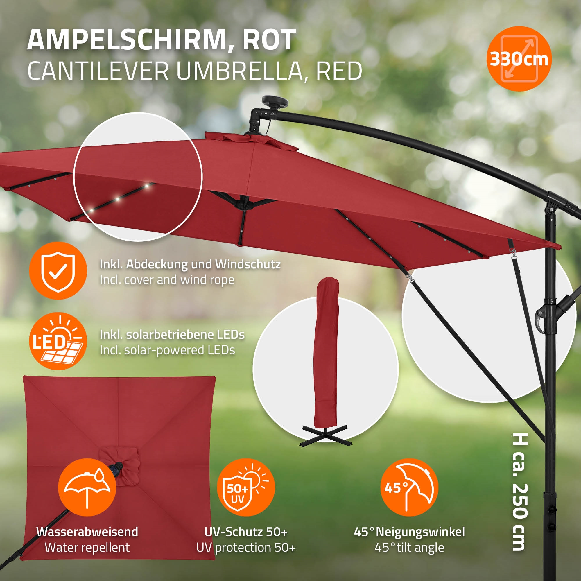 Roter Ampelschirm 330cm, mit Solar-LEDs, Wasserabweisend, UV-Schutz 50+.
