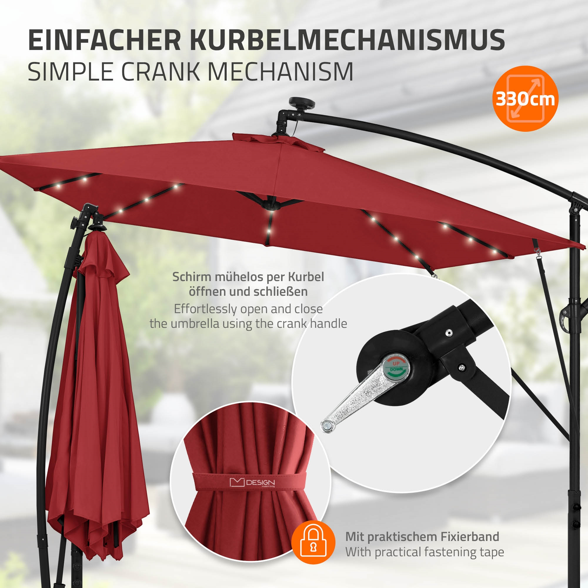 Ein roter Sonnenschirm mit Lichtern, 330cm, Kurbelmechanismus und Fixierband.
