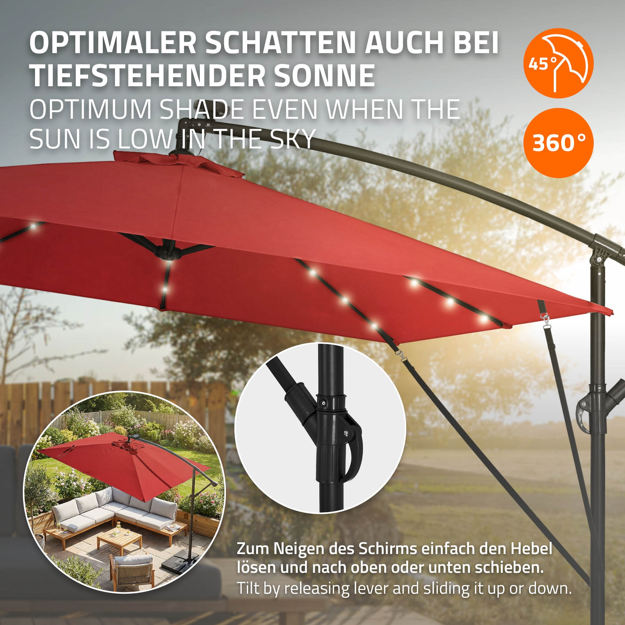 Roter Sonnenschirm mit Beleuchtung und Verstellmechanismus.