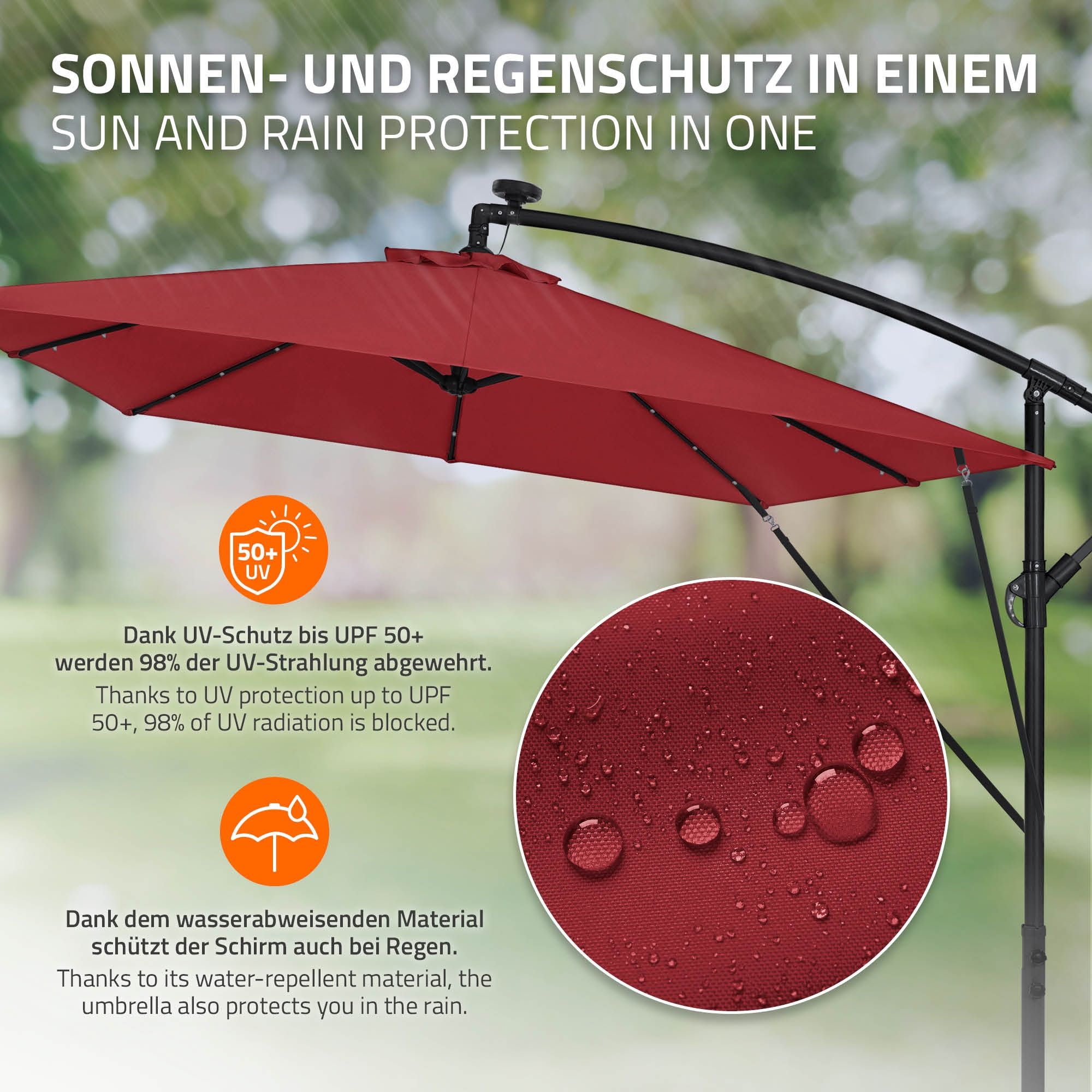 Roter Sonnenschirm mit UV-Schutz und Wasserschutz-Symbolen.
