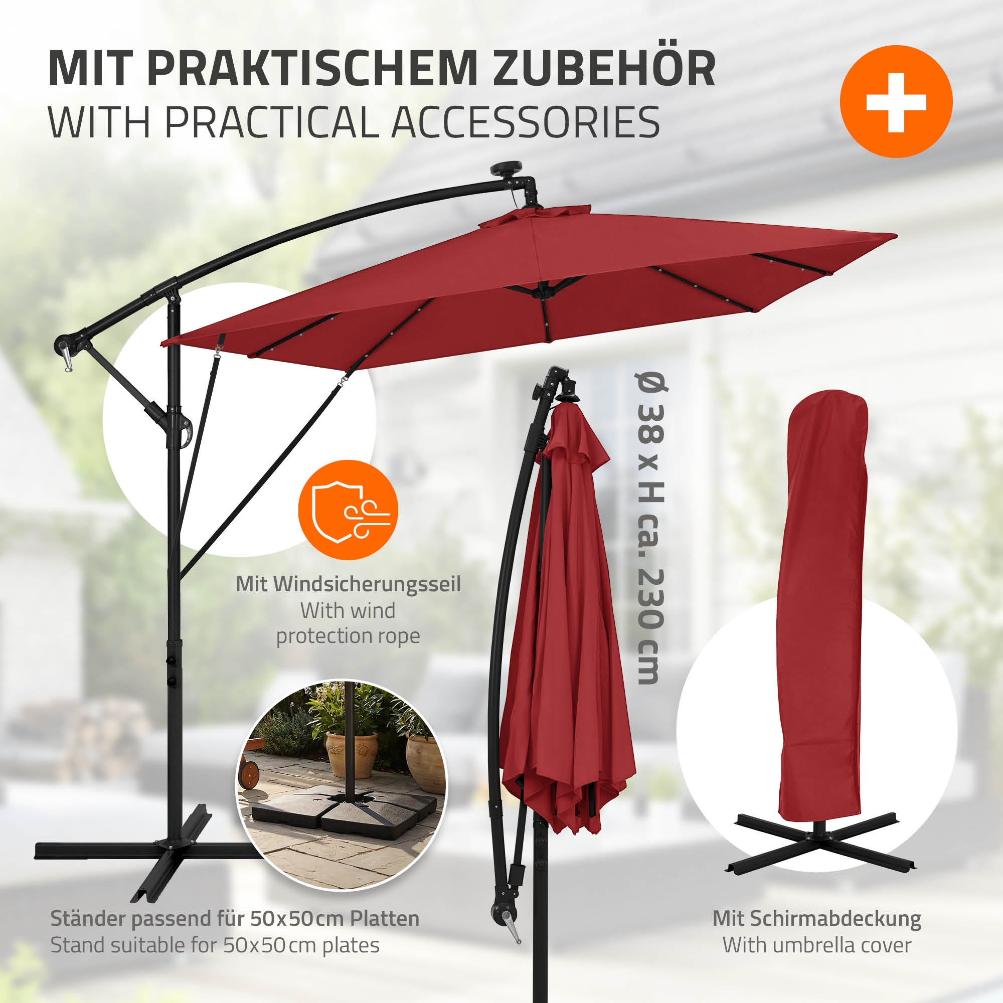 Roter Sonnenschirm mit schwarzem Gestell, Windseil, Hülle und passendem Ständer.