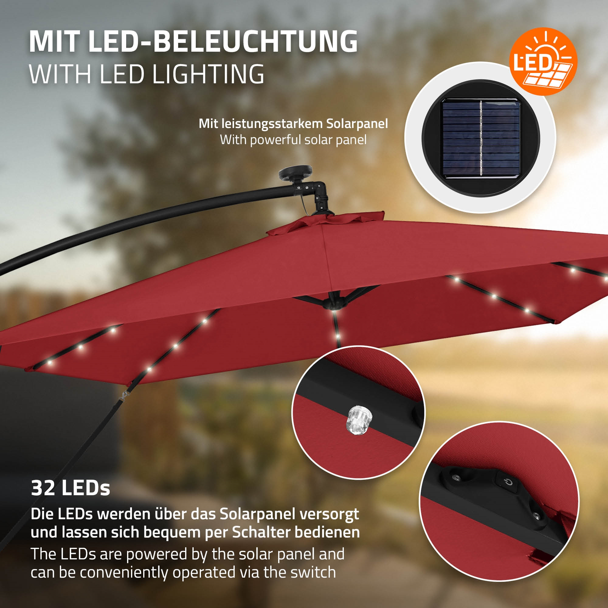 Roter Sonnenschirm mit 32 LEDs, Solarpanel und LED-Logo.