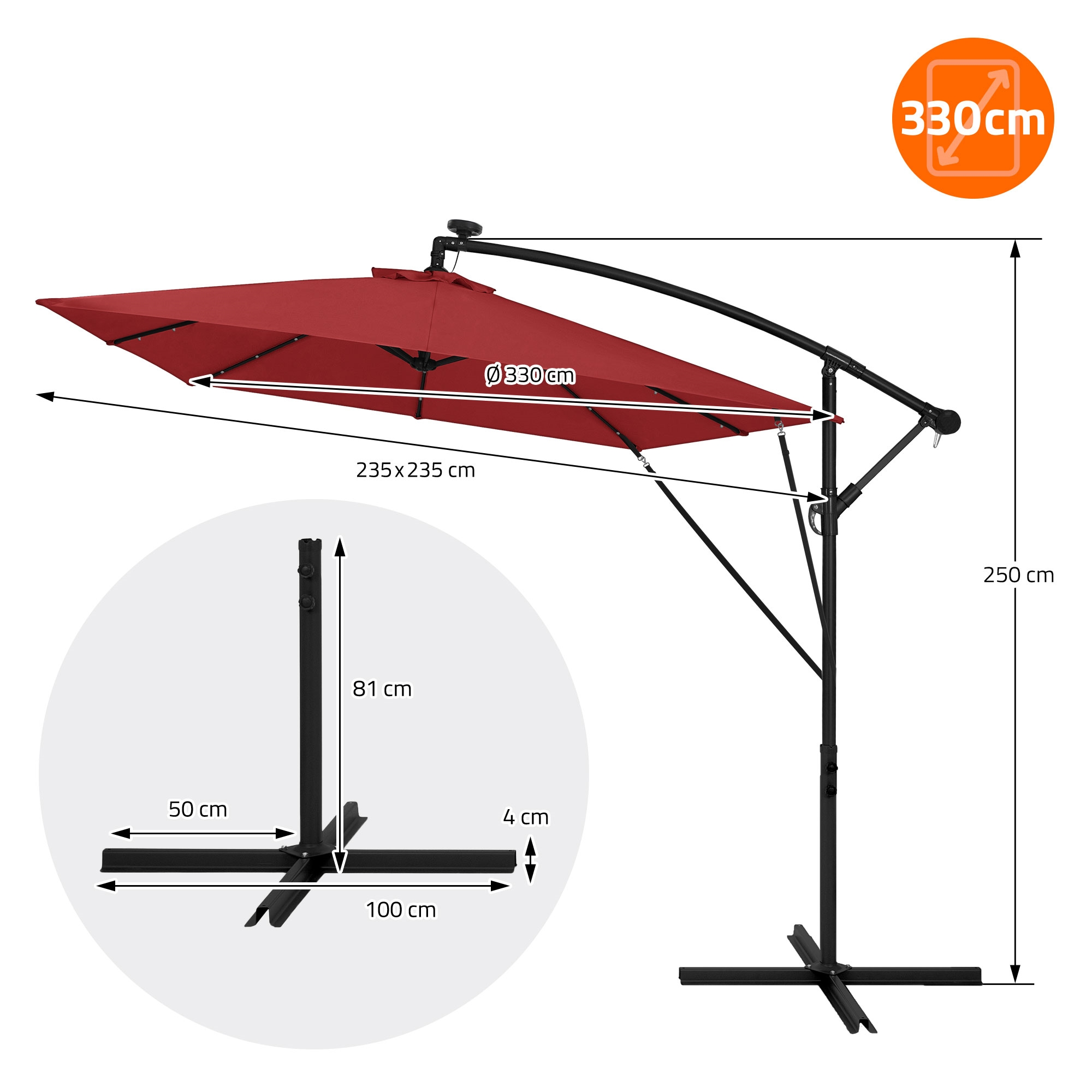Roter Sonnenschirm 330cm mit Maßen und Standfuß. Höhe 250cm.