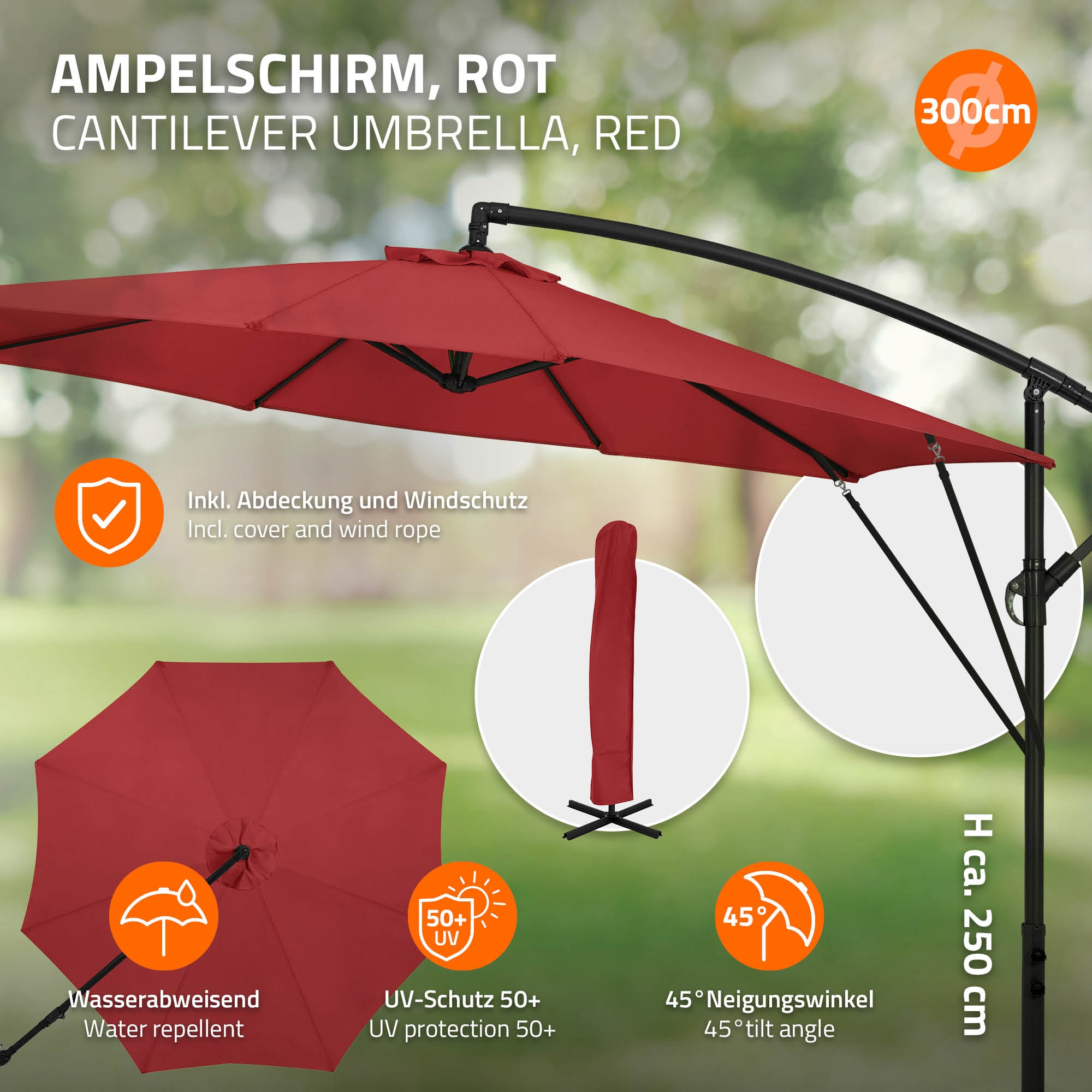 Roter Ampelschirm mit 300cm Durchmesser, wasserabweisend, UV-Schutz 50+, neigbar.