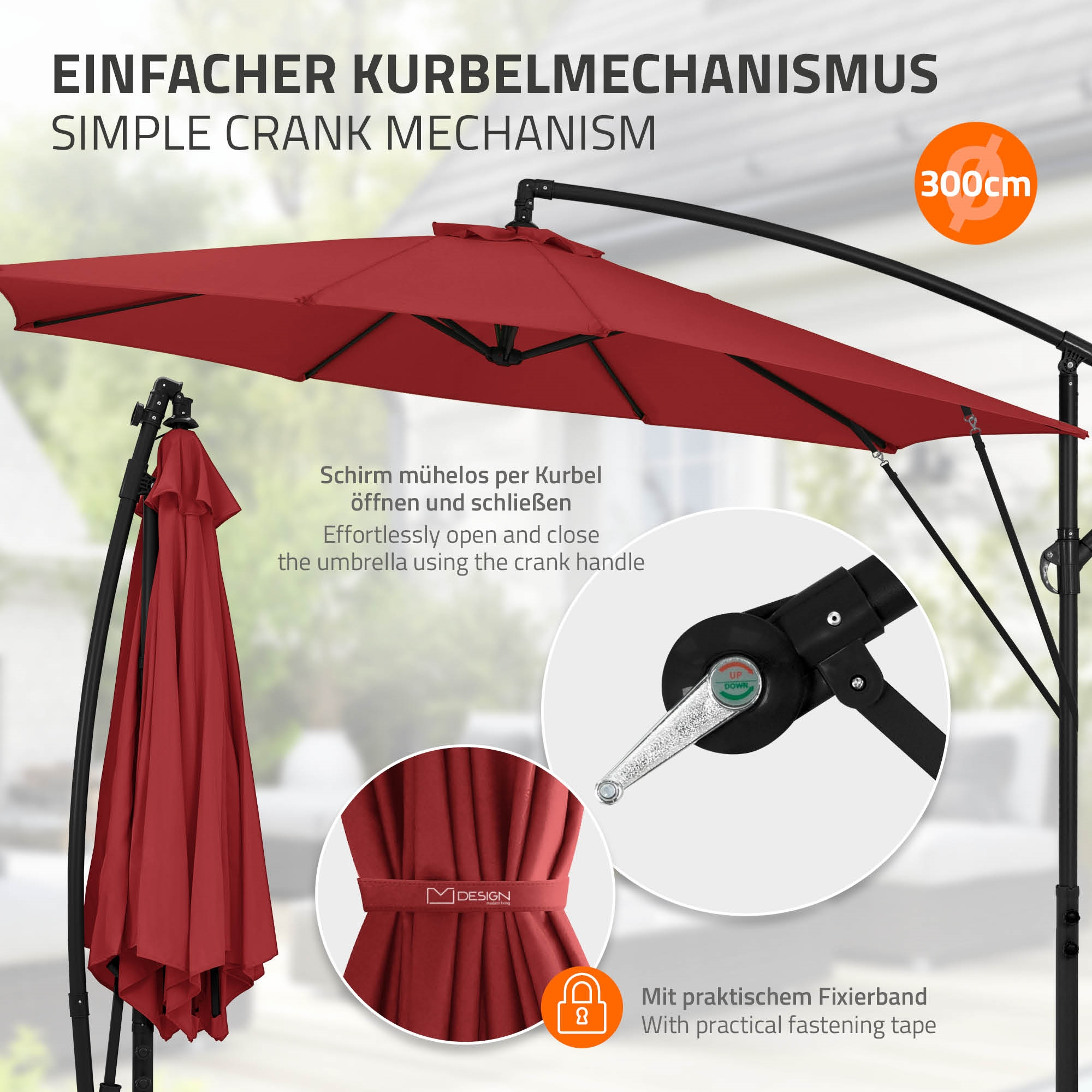 Roter Sonnenschirm mit 300cm Durchmesser, Kurbelmechanismus und Fixierband.