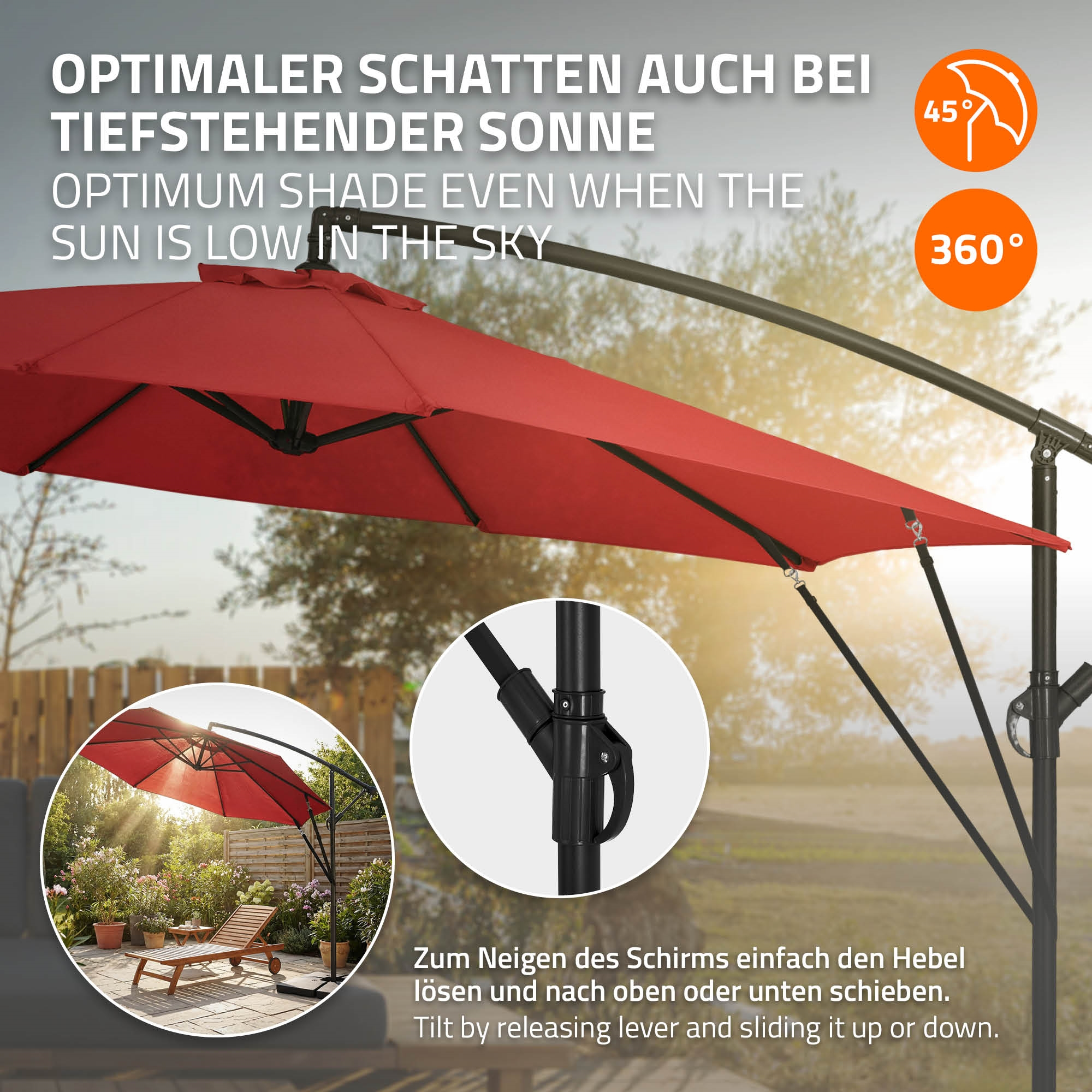 Roter Ampelschirm im Garten mit Liege, 45° und 360° Symbolen.