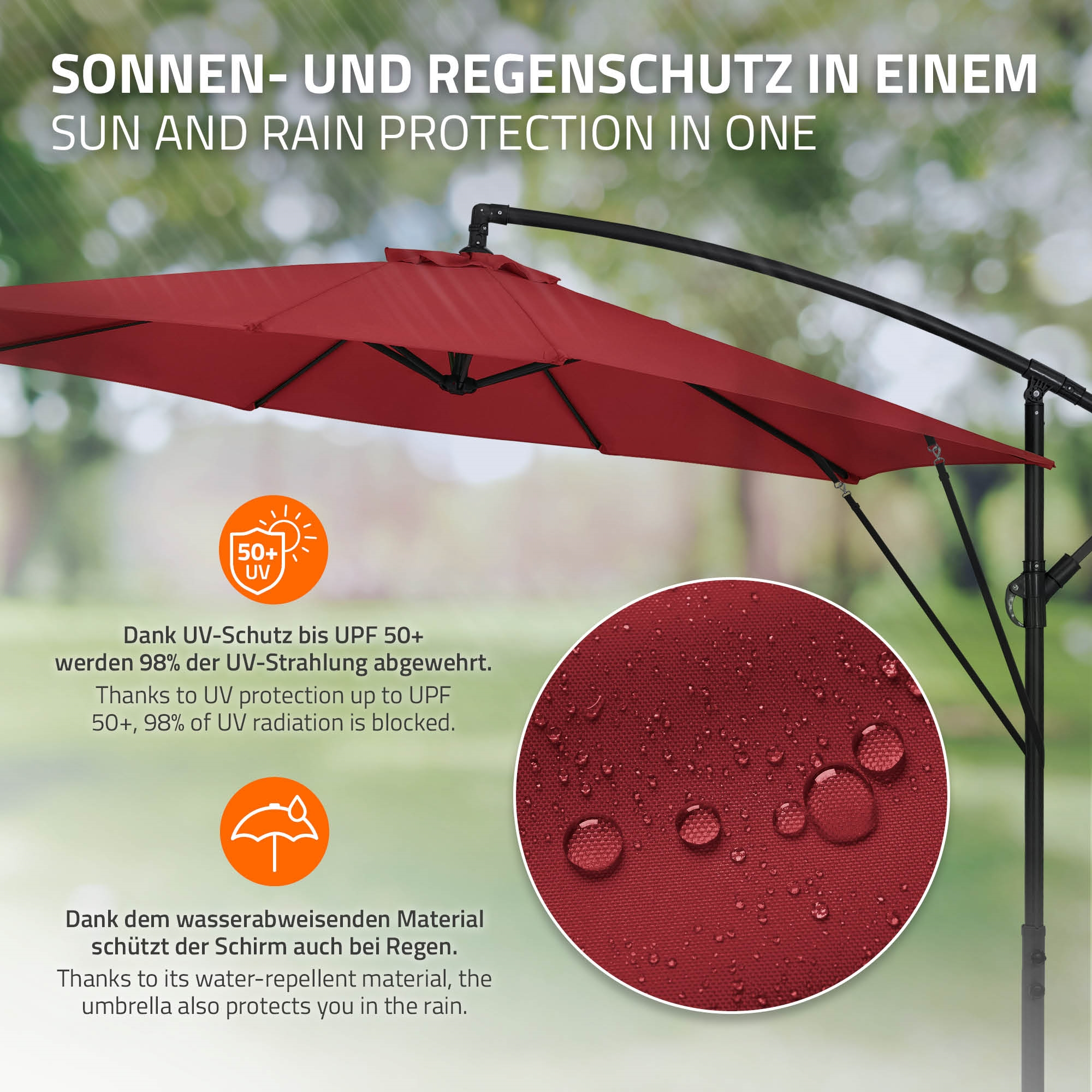 Roter Sonnenschirm mit Details zu UV-Schutz und Wasserabweisung.