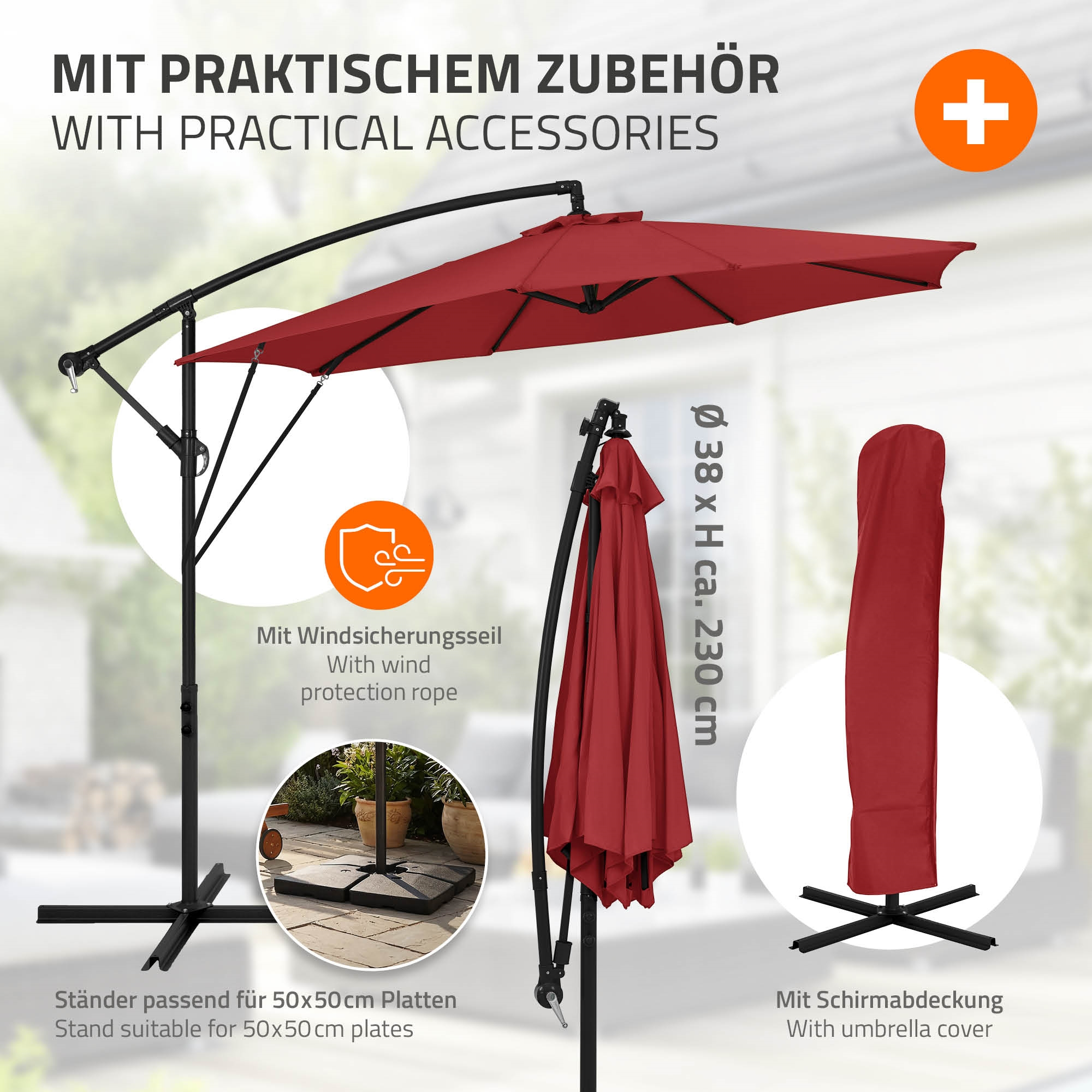 Ein roter Sonnenschirm mit Zubehör, darunter eine Abdeckung und ein Windseil.