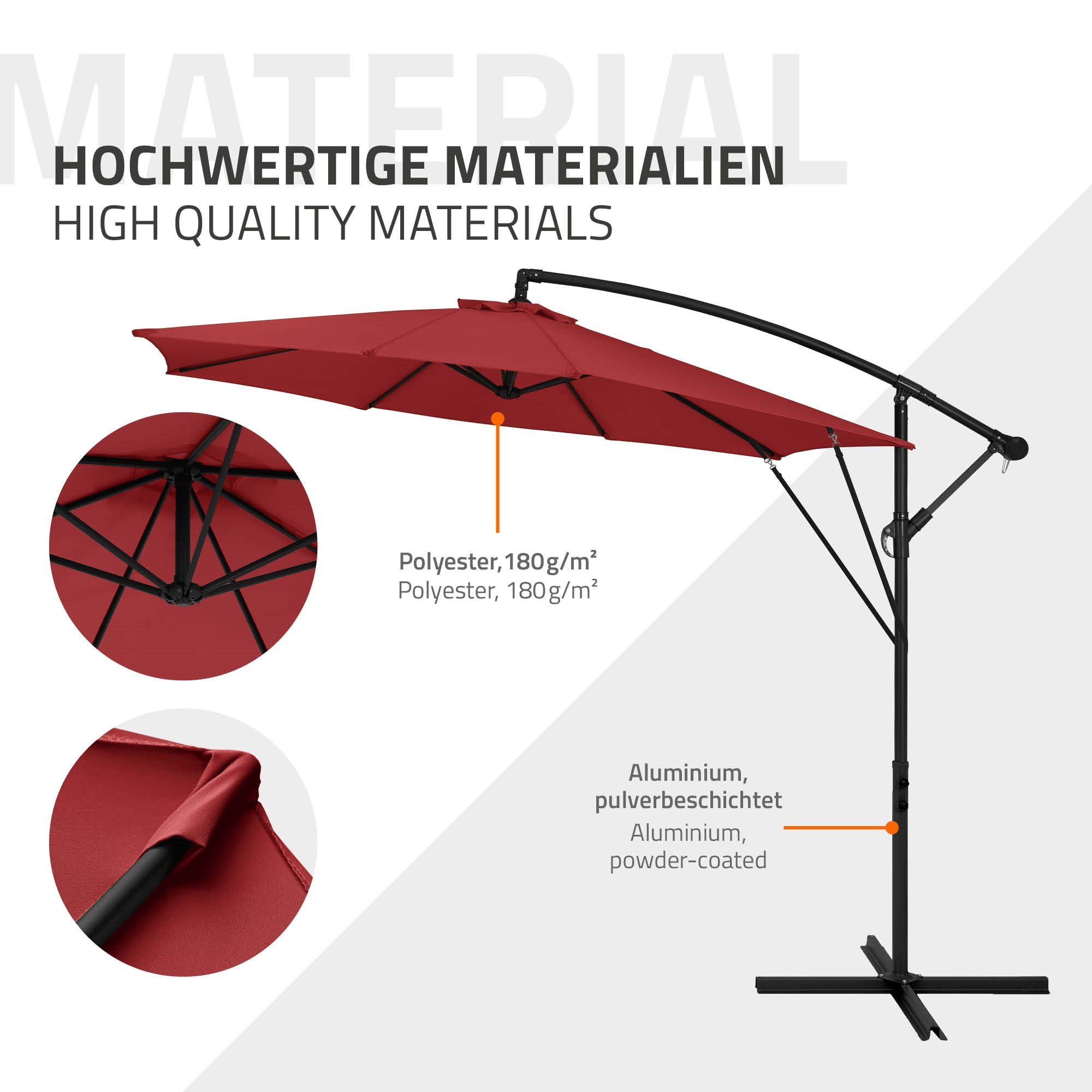 Ein roter Ampelschirm mit schwarzem Metallgestell und Hinweisen zu Materialien.