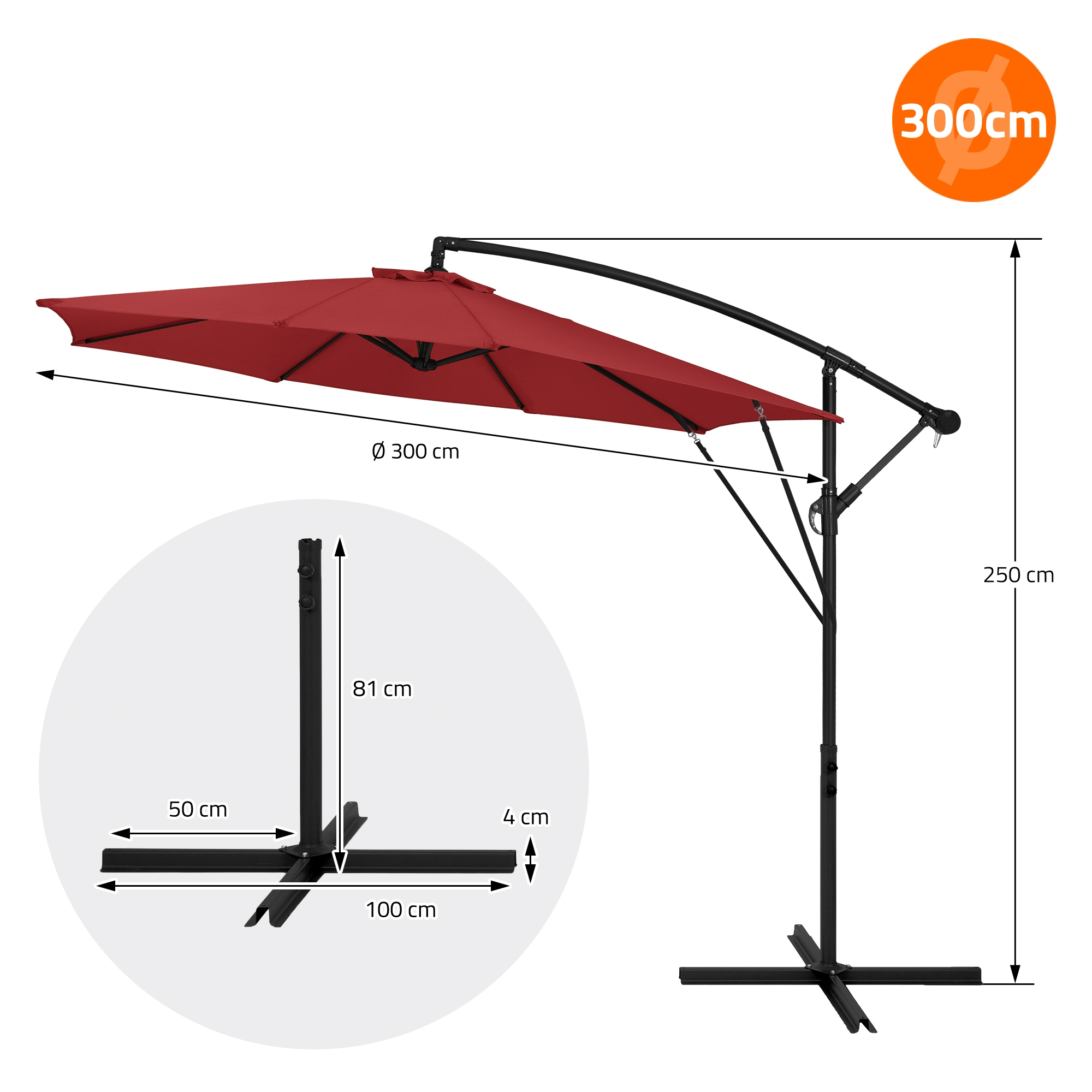 Roter Sonnenschirm mit schwarzem Gestell, 300cm Durchmesser, 250cm Höhe.