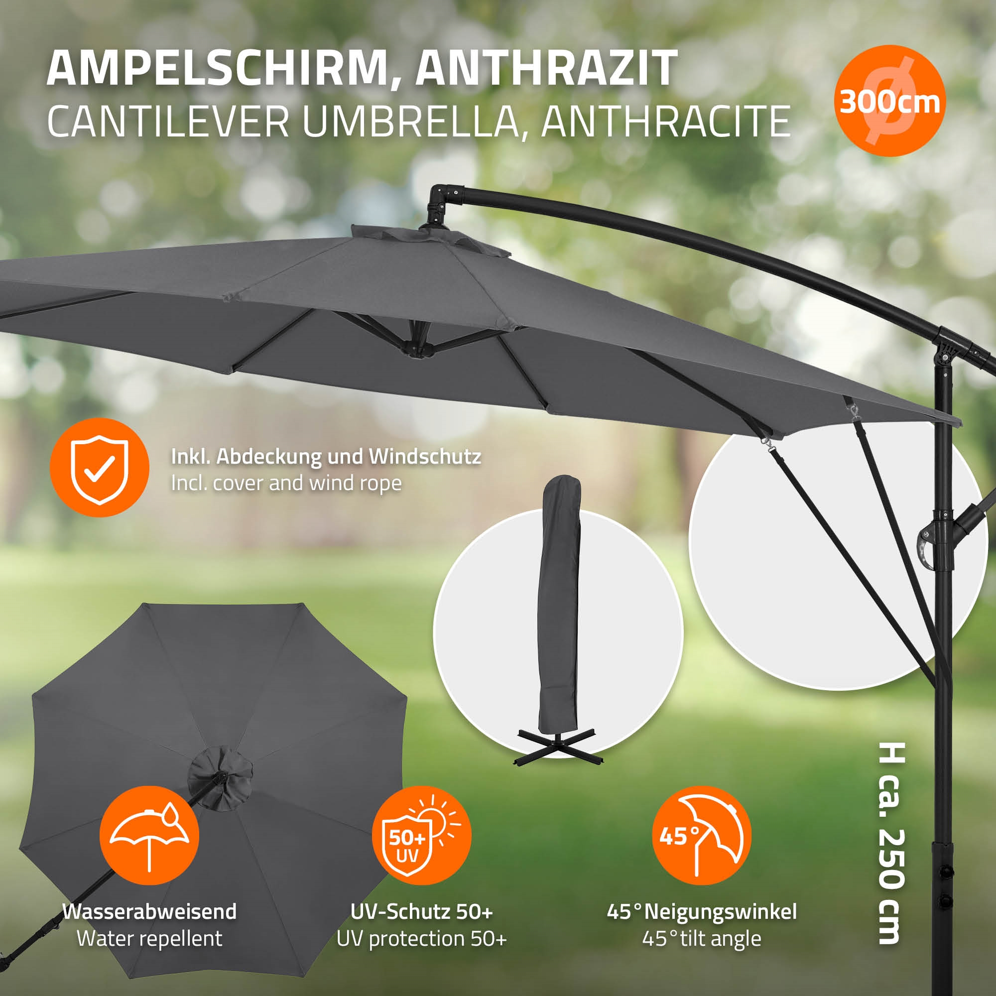 Ein anthrazitfarbener Ampelschirm mit 300 cm Durchmesser, inkl. Hülle.