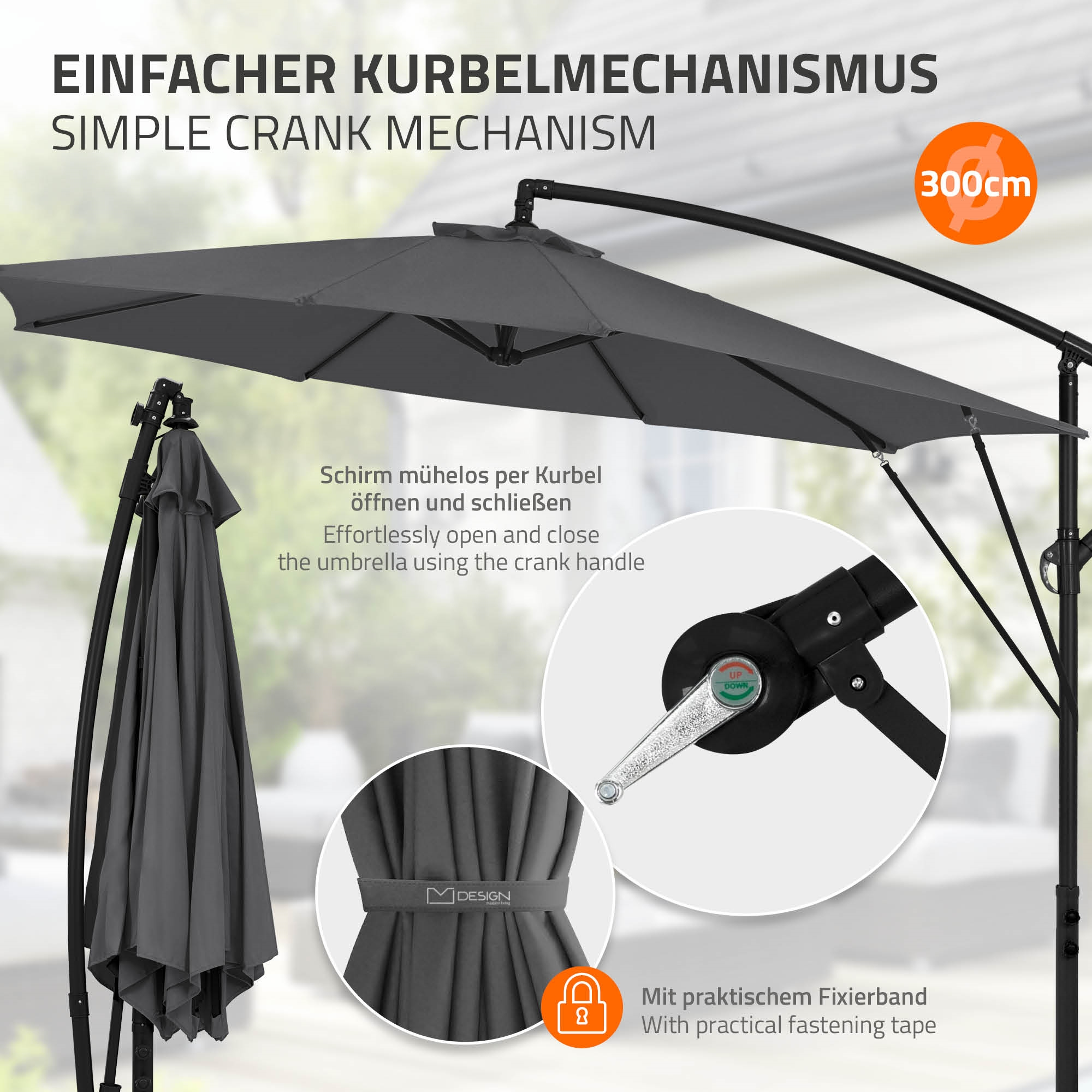 Ein grauer Sonnenschirm mit 300cm Durchmesser und Kurbelmechanismus.