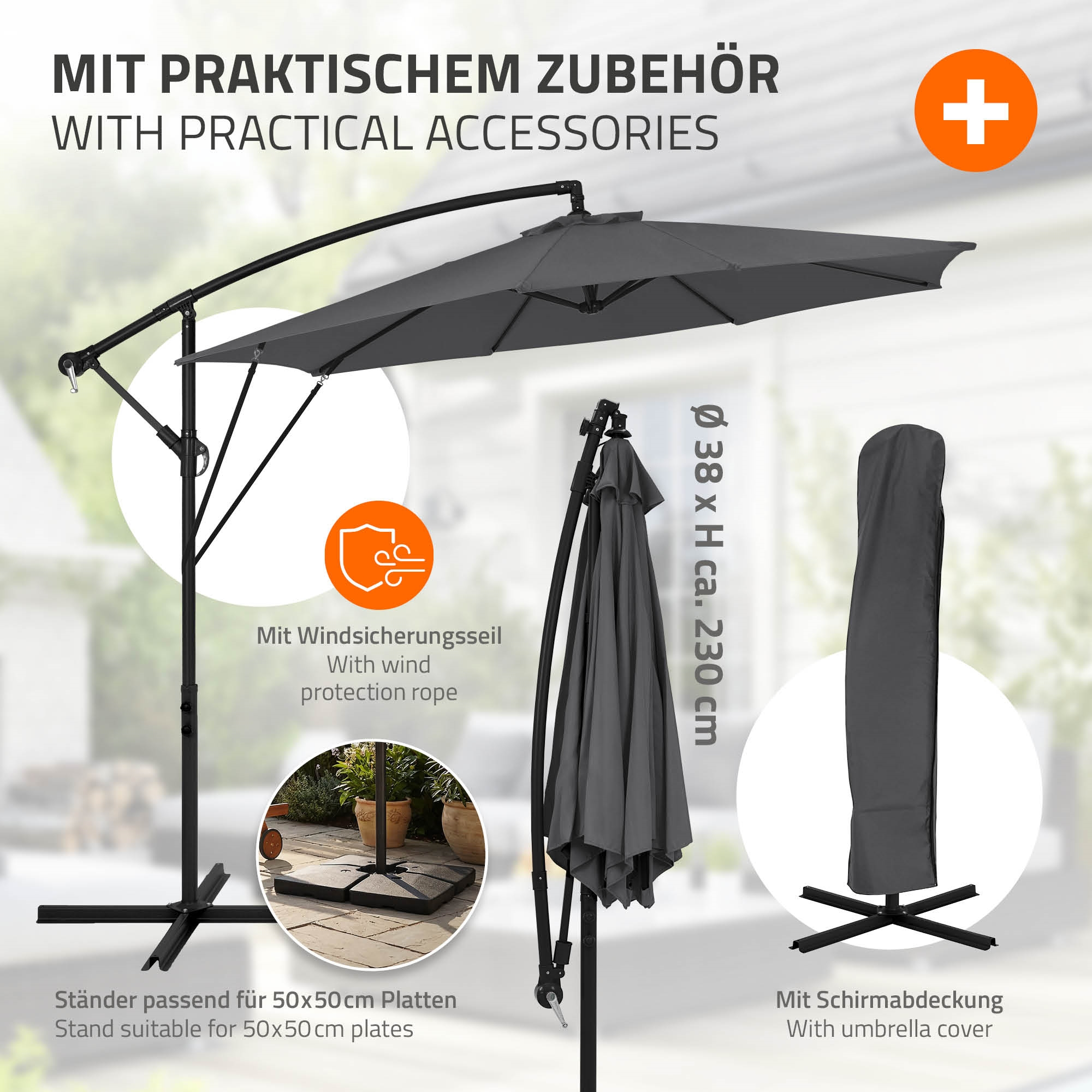 Ein grauer Sonnenschirm mit Zubehör wie Windseil und Abdeckung.