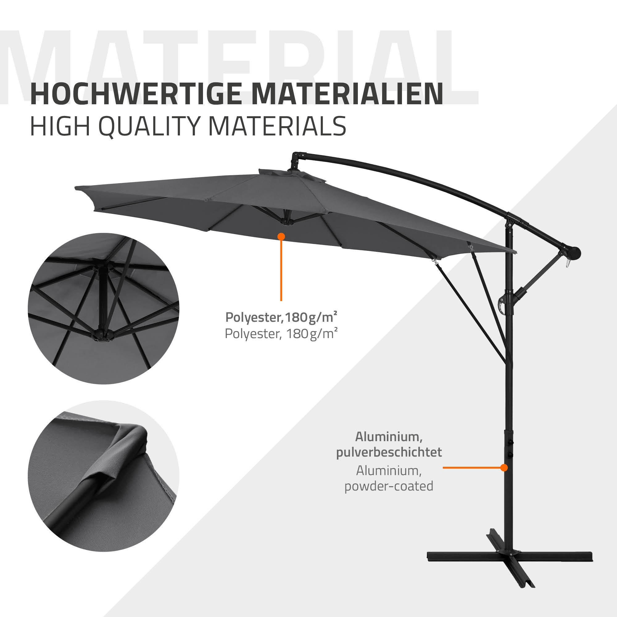 Ein grauer Ampelschirm mit Hinweisen zu Polyester und Aluminium.