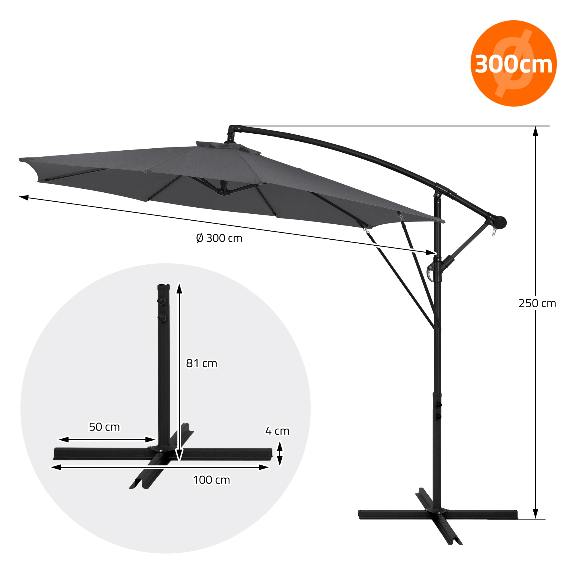 Ein grauer Sonnenschirm mit 300cm Durchmesser und 250cm Höhe.