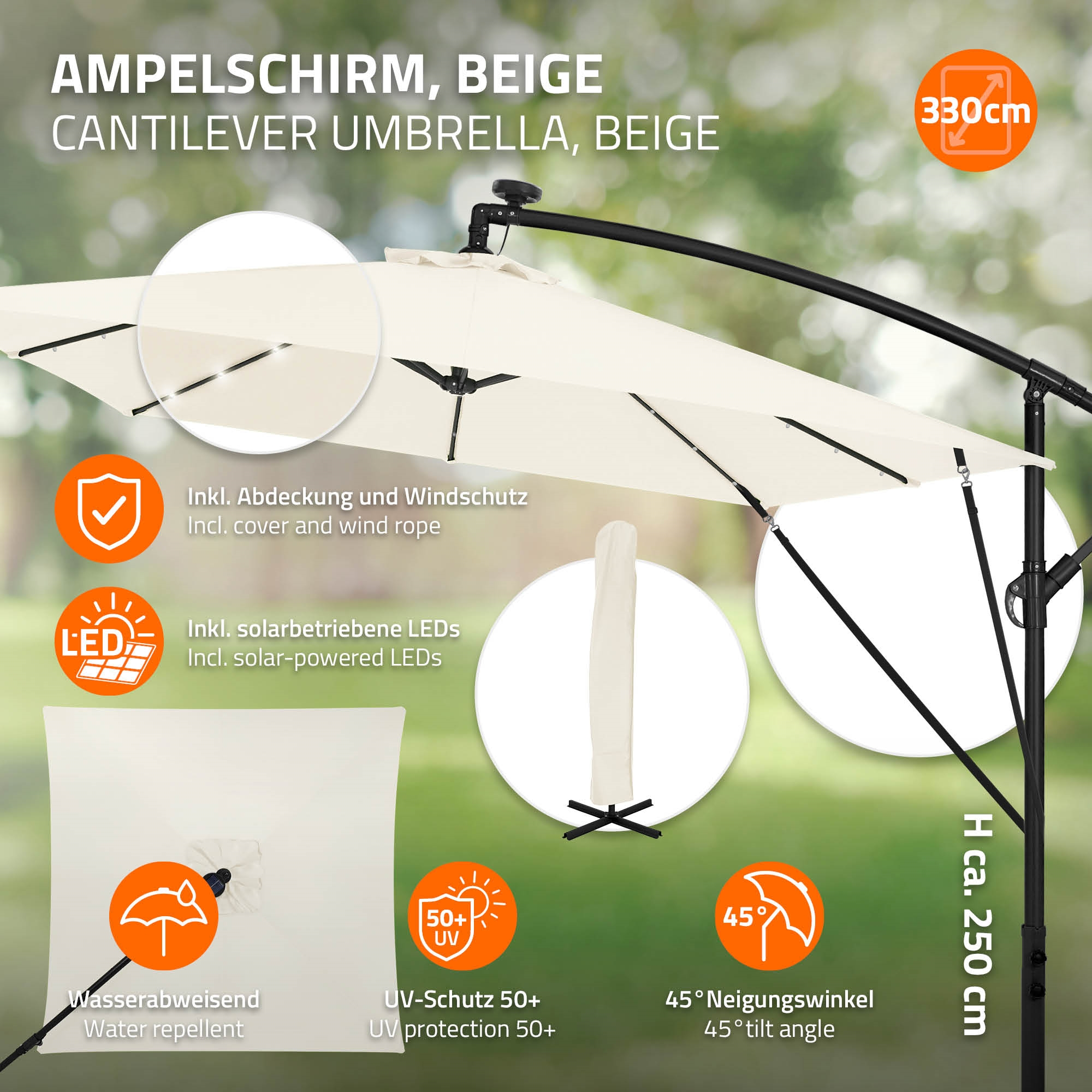 Beiger Ampelschirm, 330cm, mit LEDs, Sonnenschutz & Abdeckung.