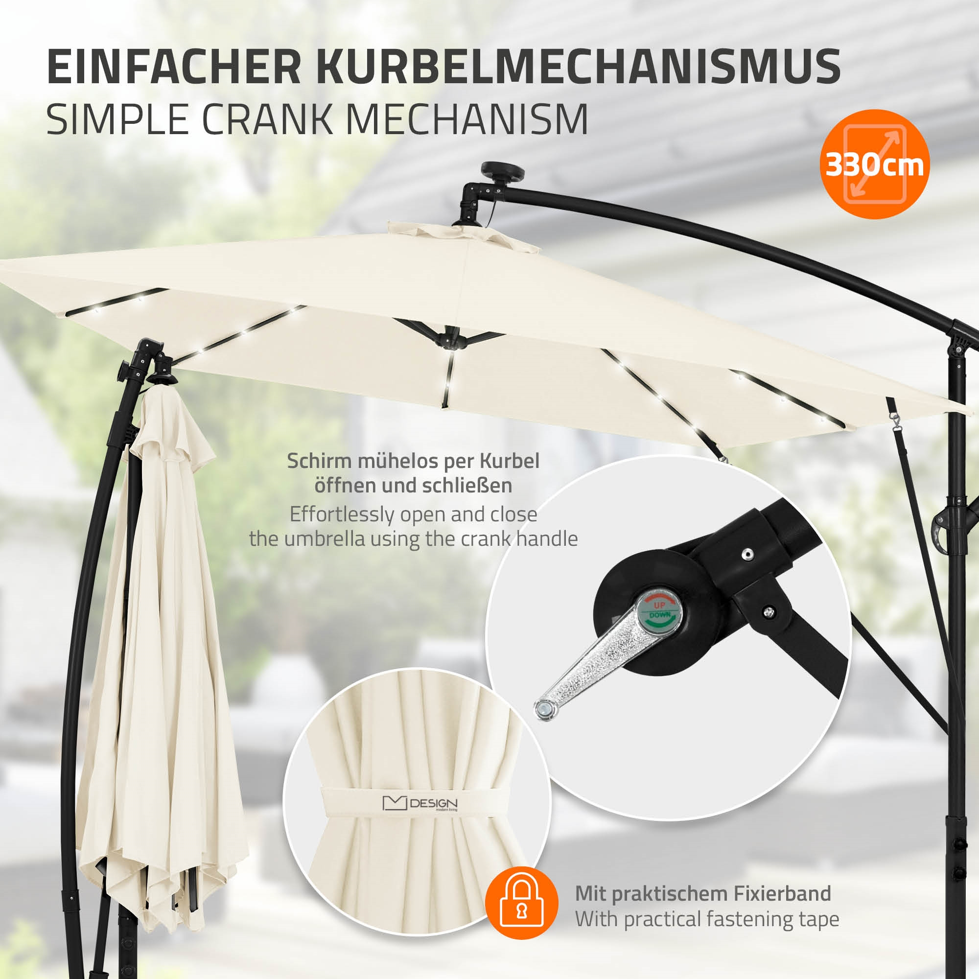 Ein beiger Sonnenschirm mit Kurbelmechanismus, Lichtern und Fixierband.