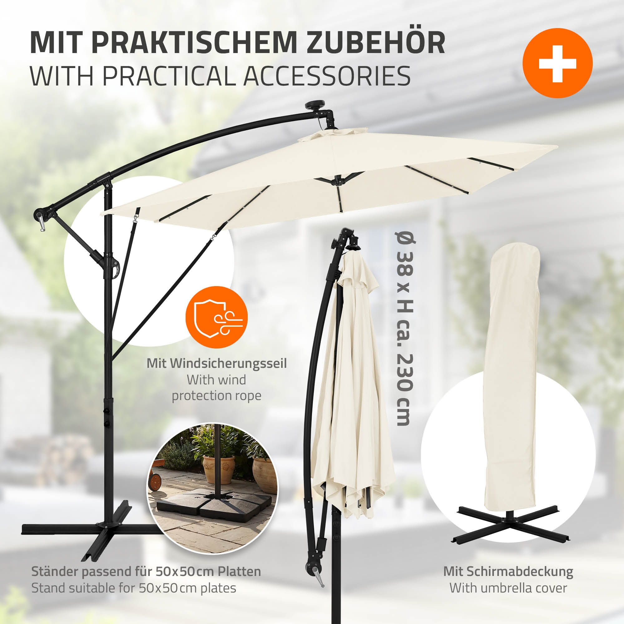 Ein aufgespannter Sonnenschirm mit Zubehör wie Hülle und Seil.