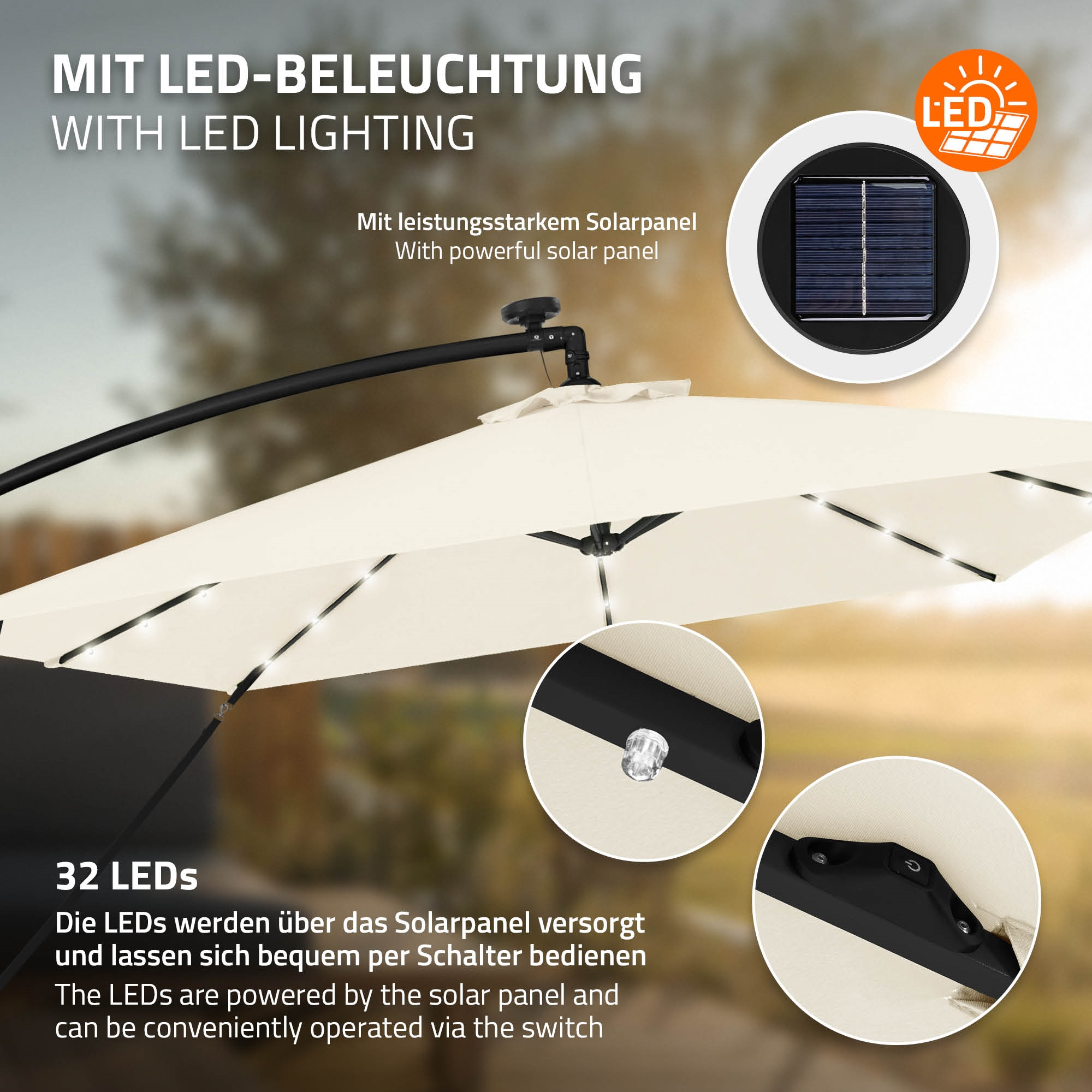 Beige Sonnenschirm mit 32 LEDs und Solarpanel zur Stromversorgung.
