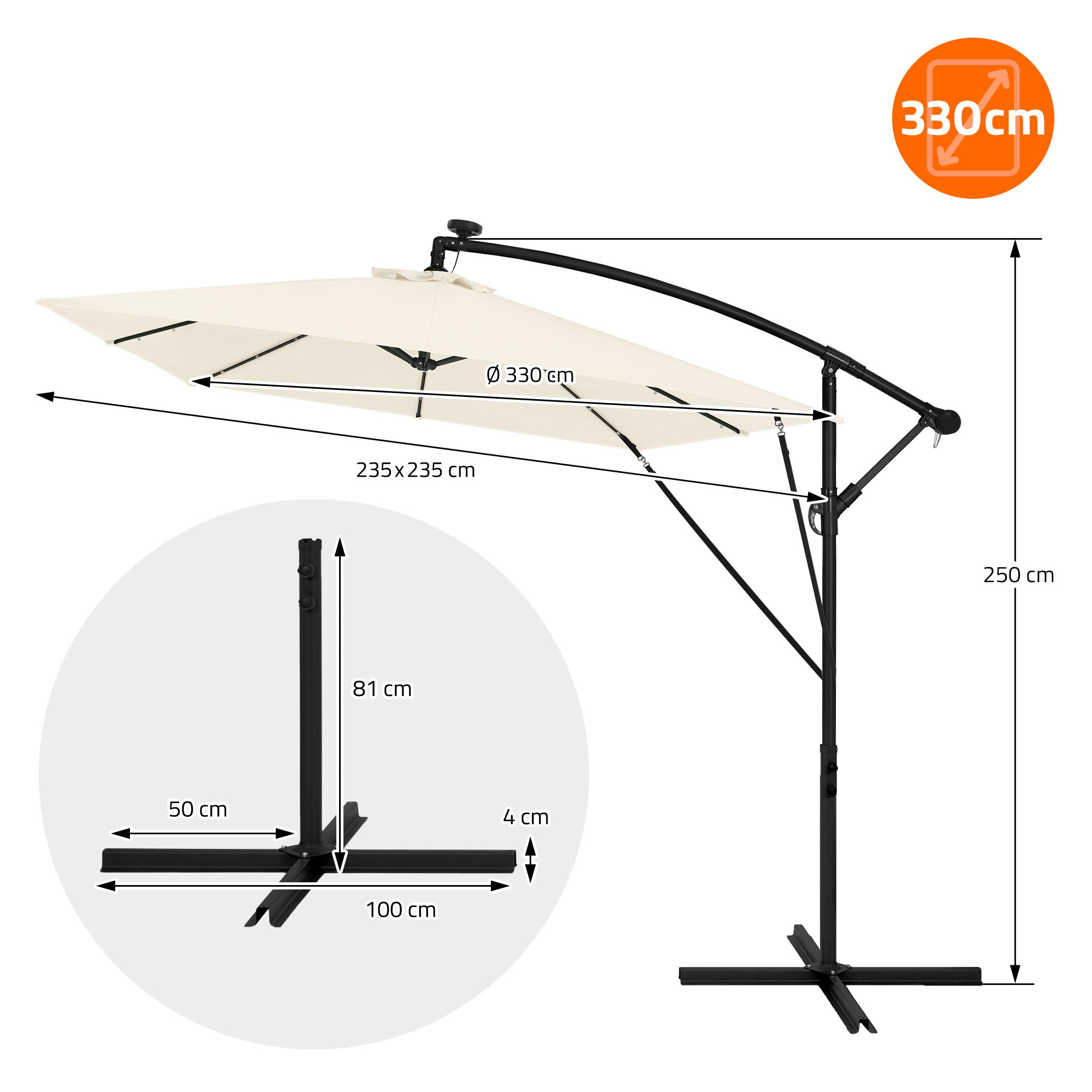 Ein beiger Sonnenschirm mit Maßen von 235x235cm und 330cm Durchmesser. Der Sockel ist 100cm breit.