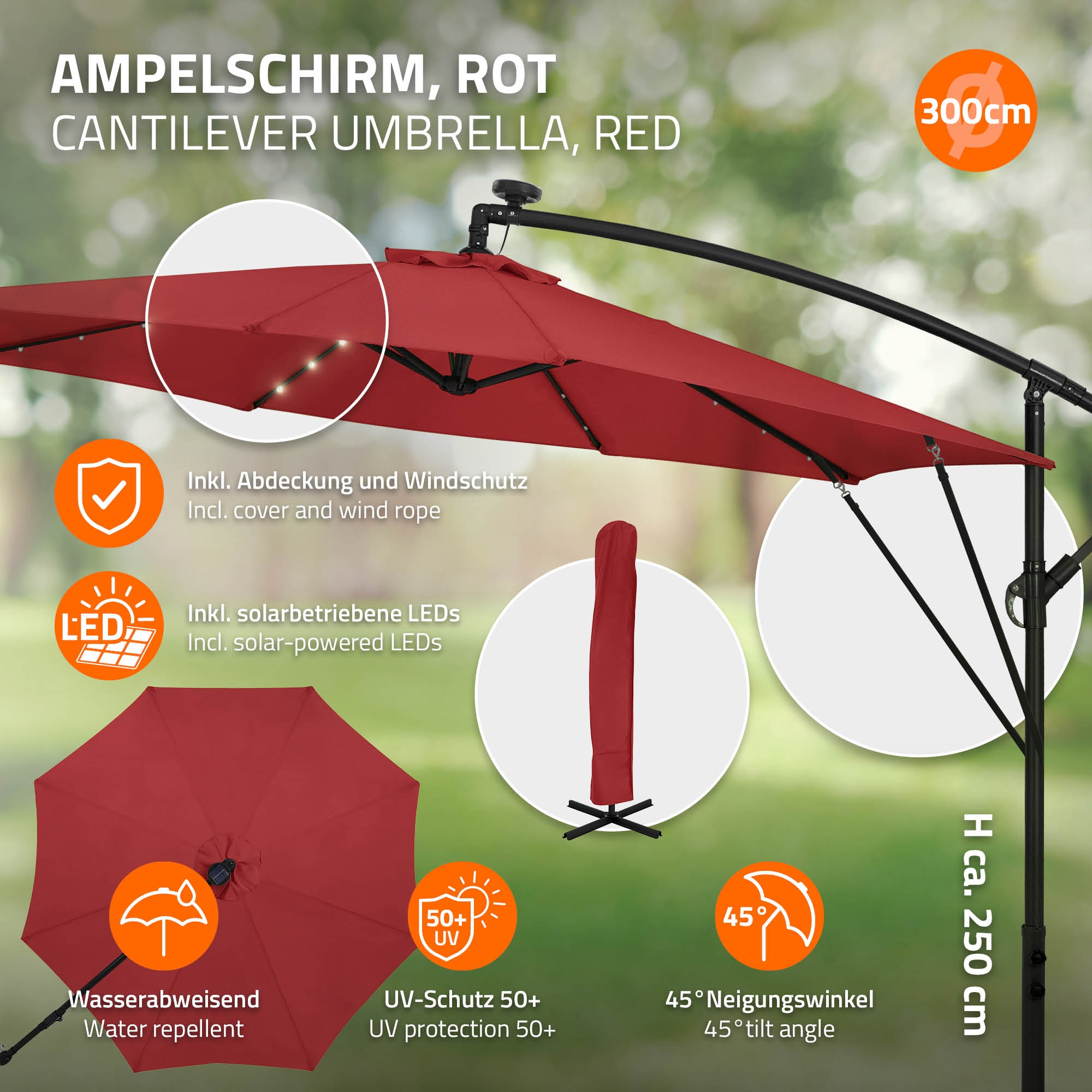 Roter Ampelschirm mit Solar-LEDs, 300cm Durchmesser, wasserabweisend.