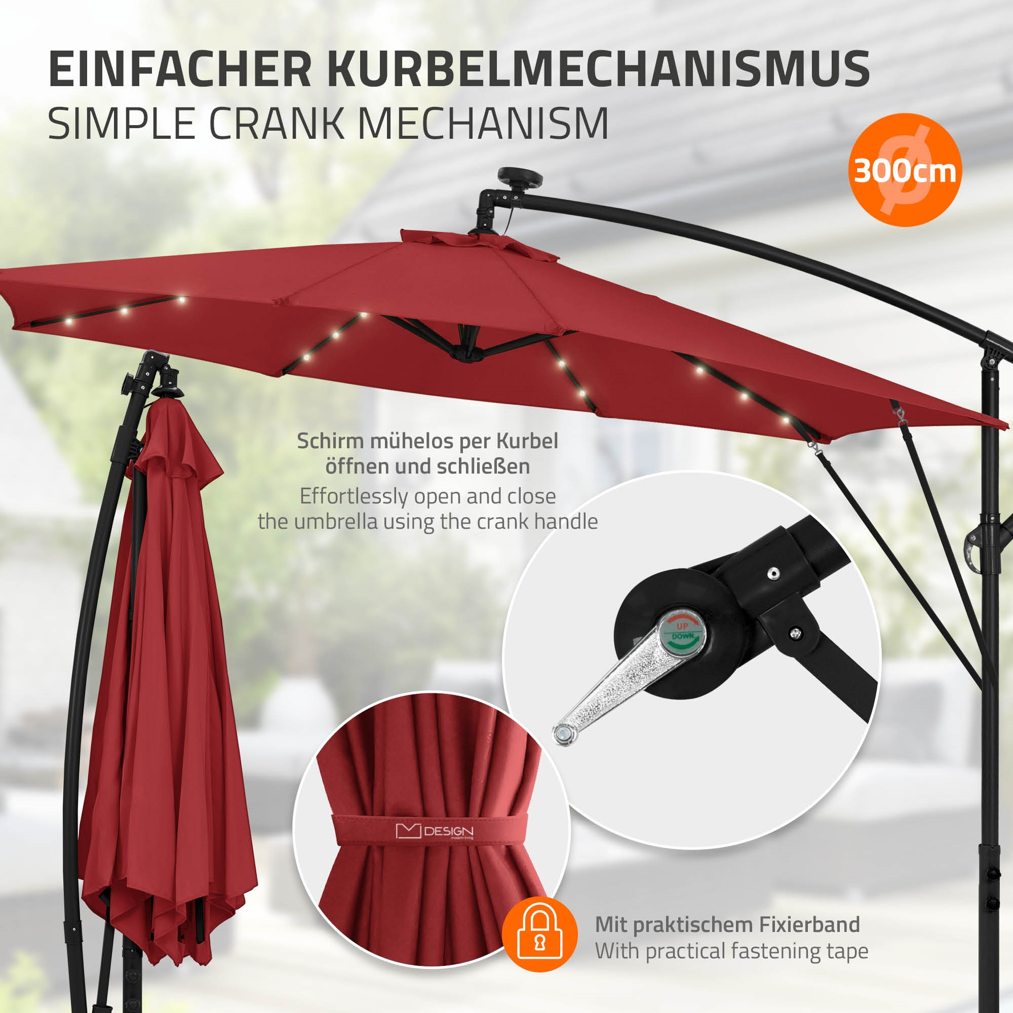 Roter Sonnenschirm mit Lichtern, Kurbelmechanismus und 300cm Durchmesser.