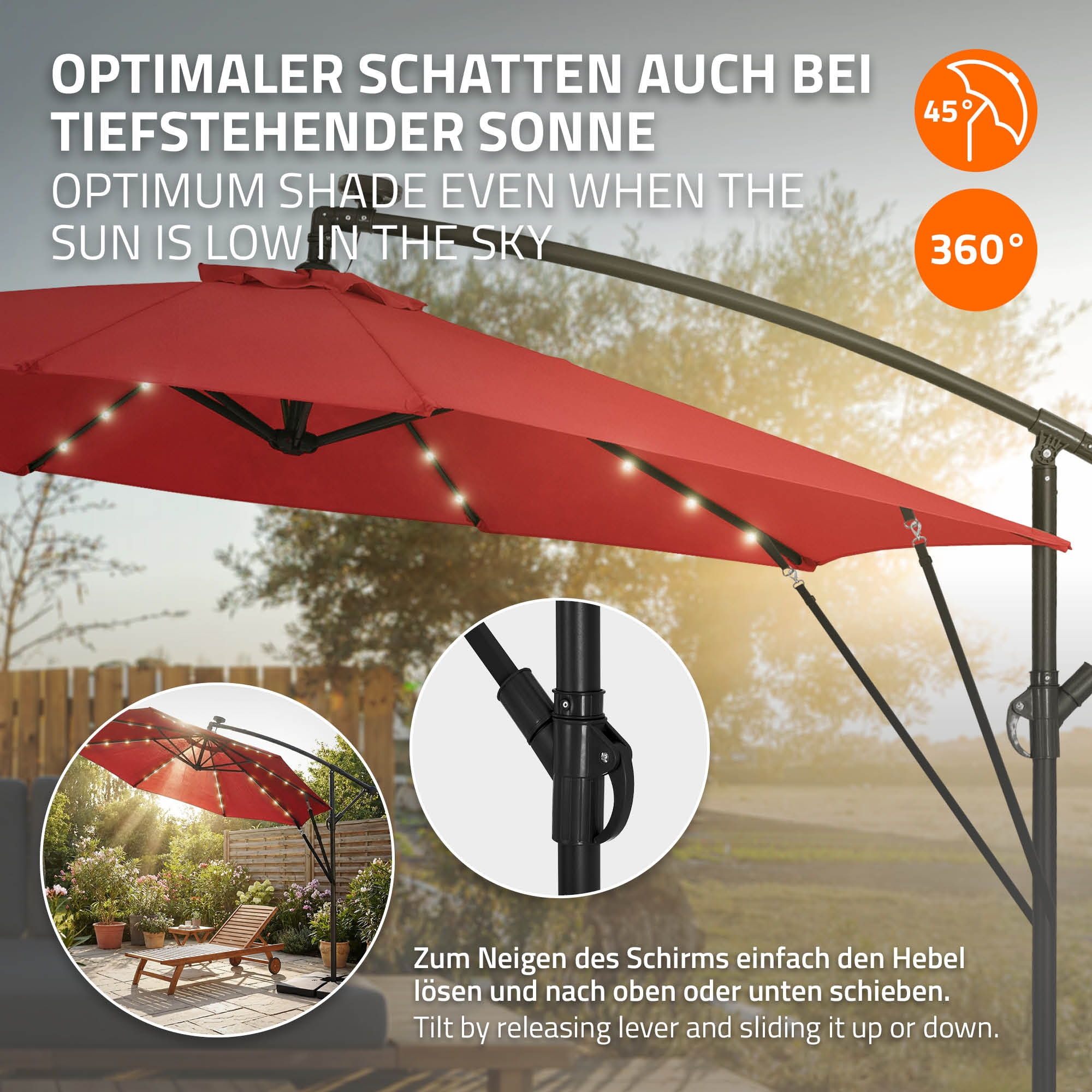 Roter Sonnenschirm mit Lichtern, 45° & 360° Anzeige, detaillierte Ansicht.